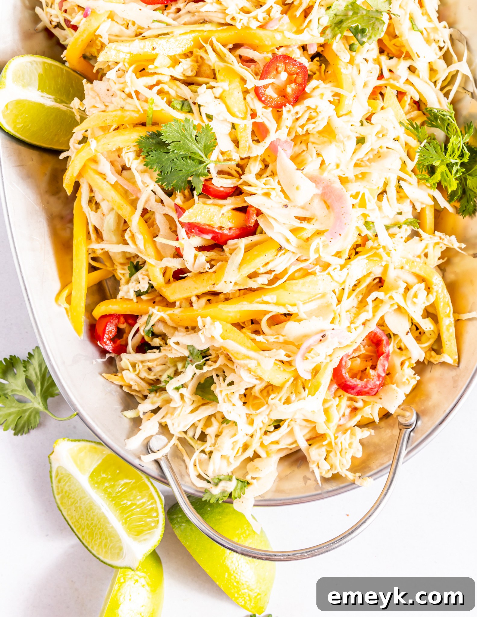 Easy Caribbean Coleslaw Recipe served on a pristine white platter, showcasing its vibrant colors and fresh ingredients.