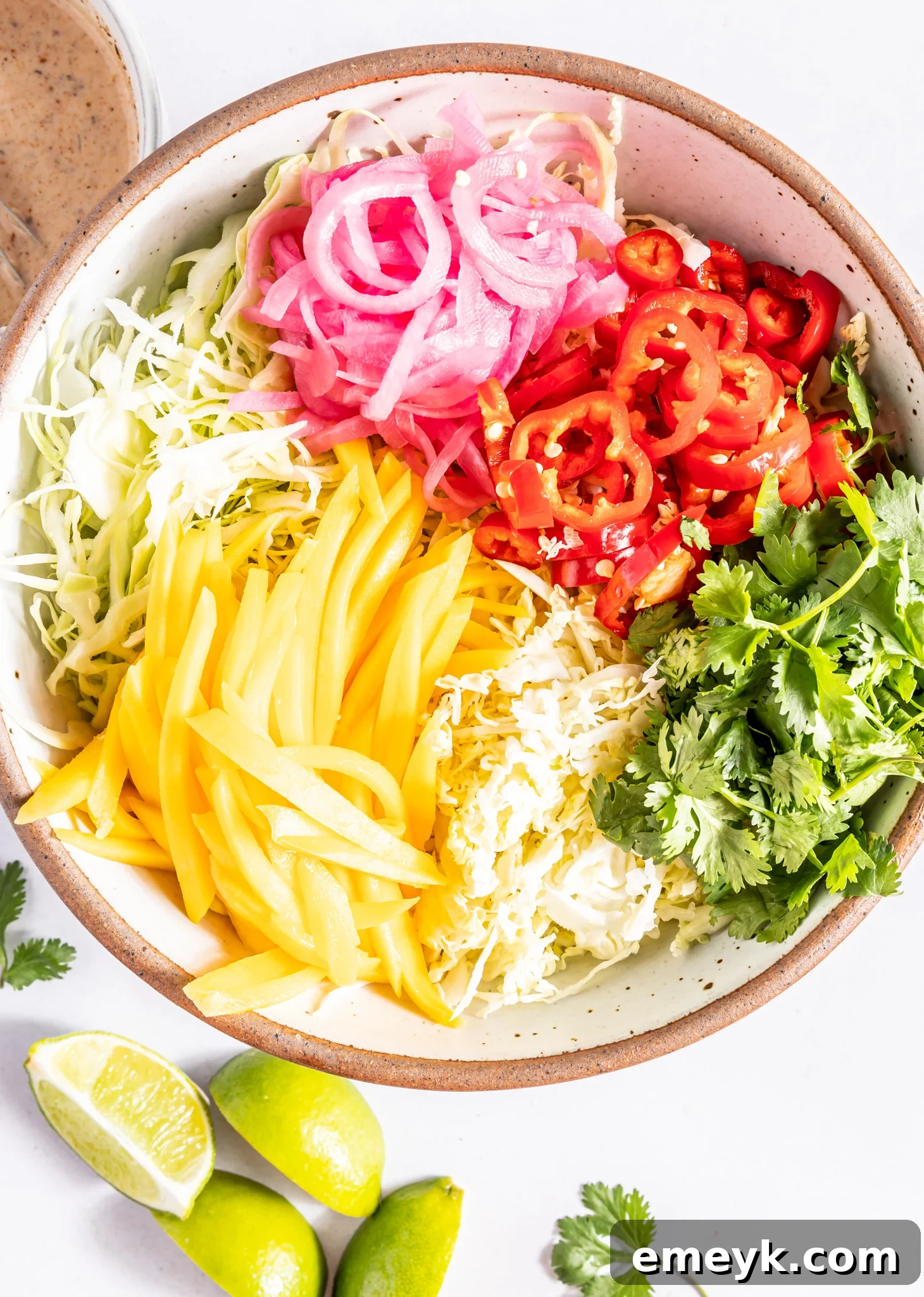 Easy Caribbean Coleslaw dressing being whisked in a small bowl, showcasing its creamy texture.