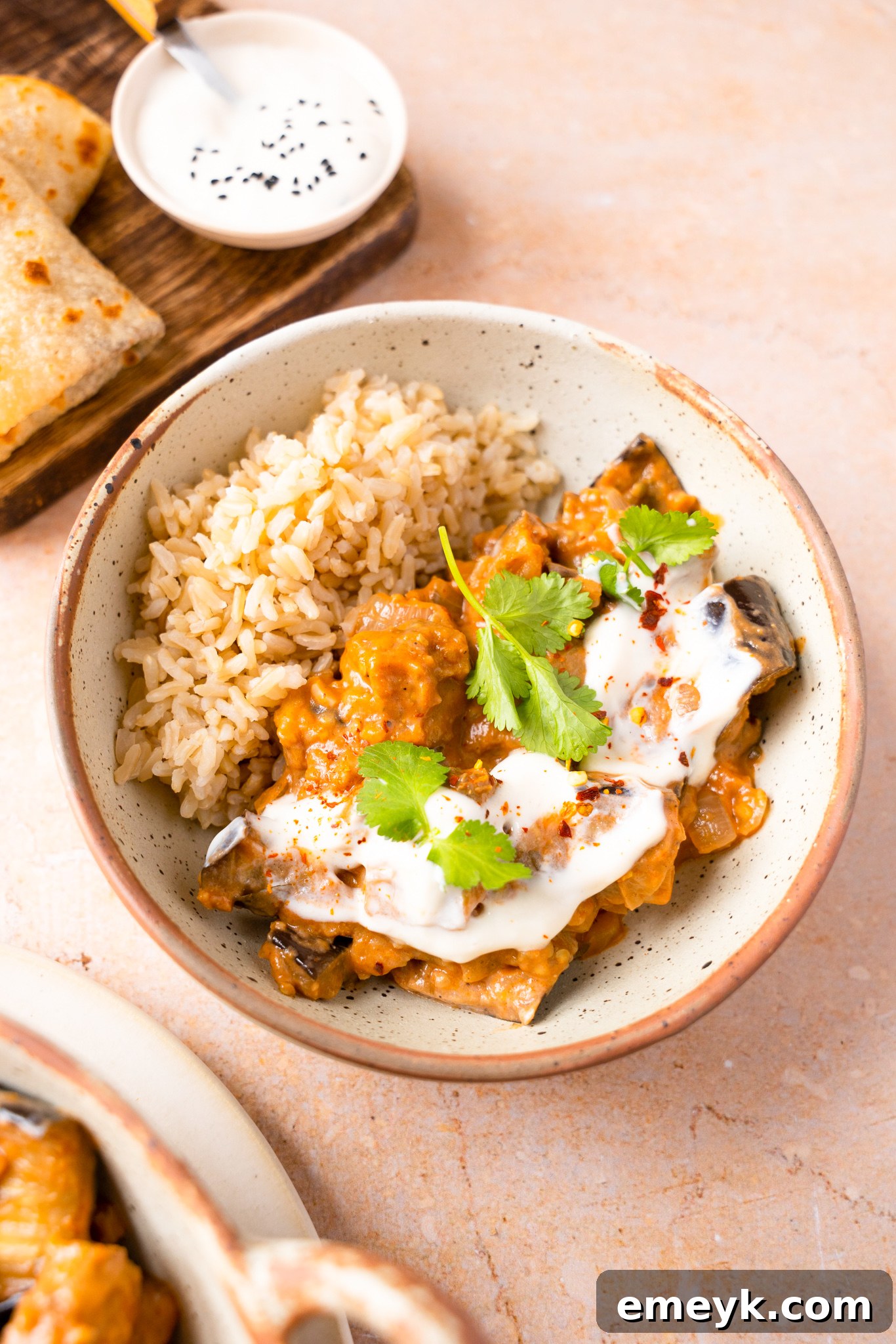 Weeknight Eggplant Wonder 4 A bowl of Easy Eggplant Curry topped with fresh cilantro, ready to be served.