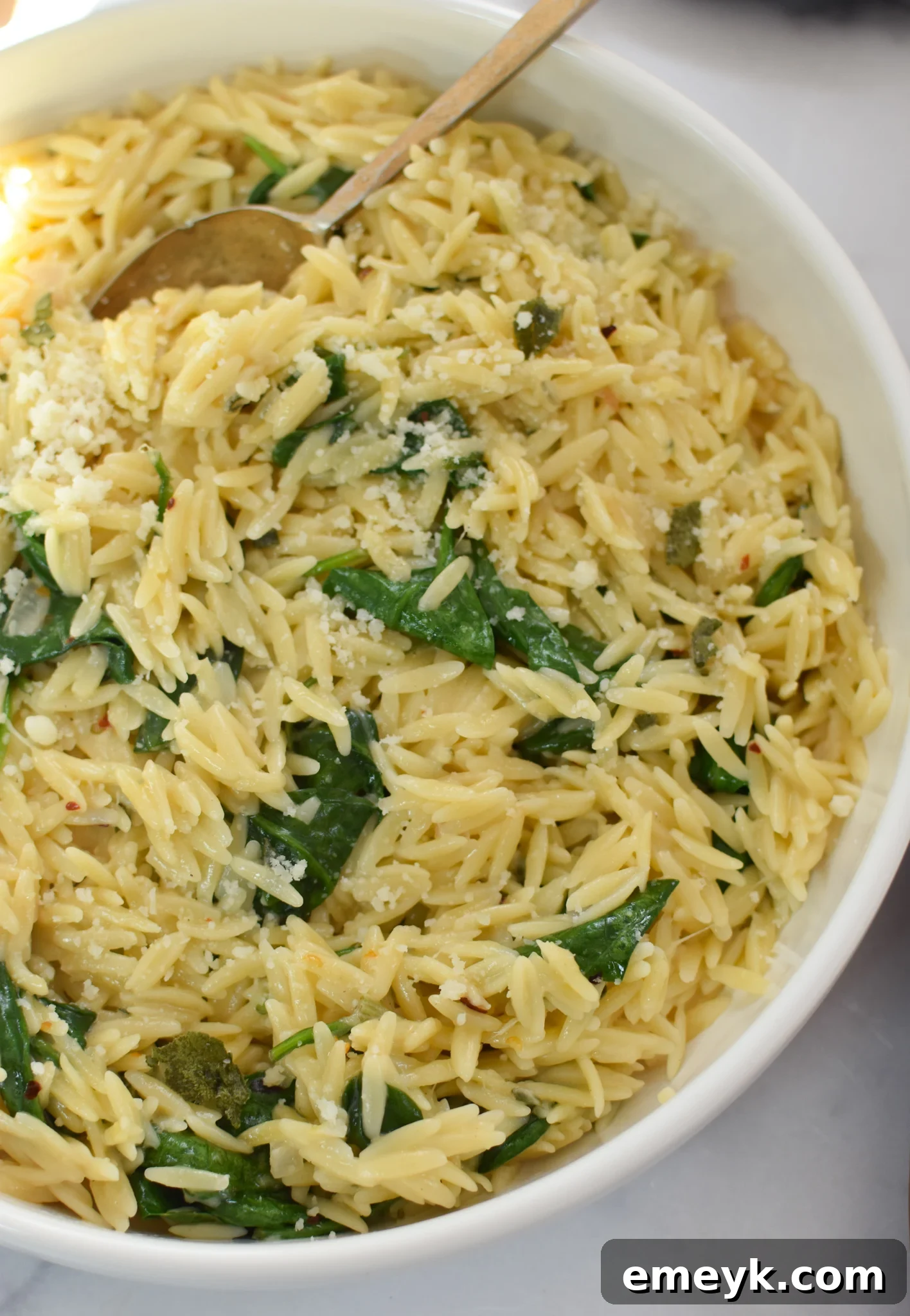 Baked Chicken Meatballs orzo in a skillet. Creamy and flavorful, this orzo is perfectly prepared and ready to be served alongside the meatballs.
