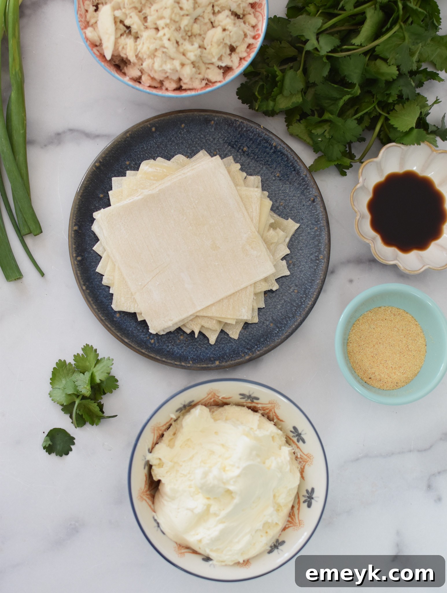 A flat lay of fresh ingredients for Air Fryer Crab Rangoon, including wonton wrappers, cream cheese, crab meat, and green onions.