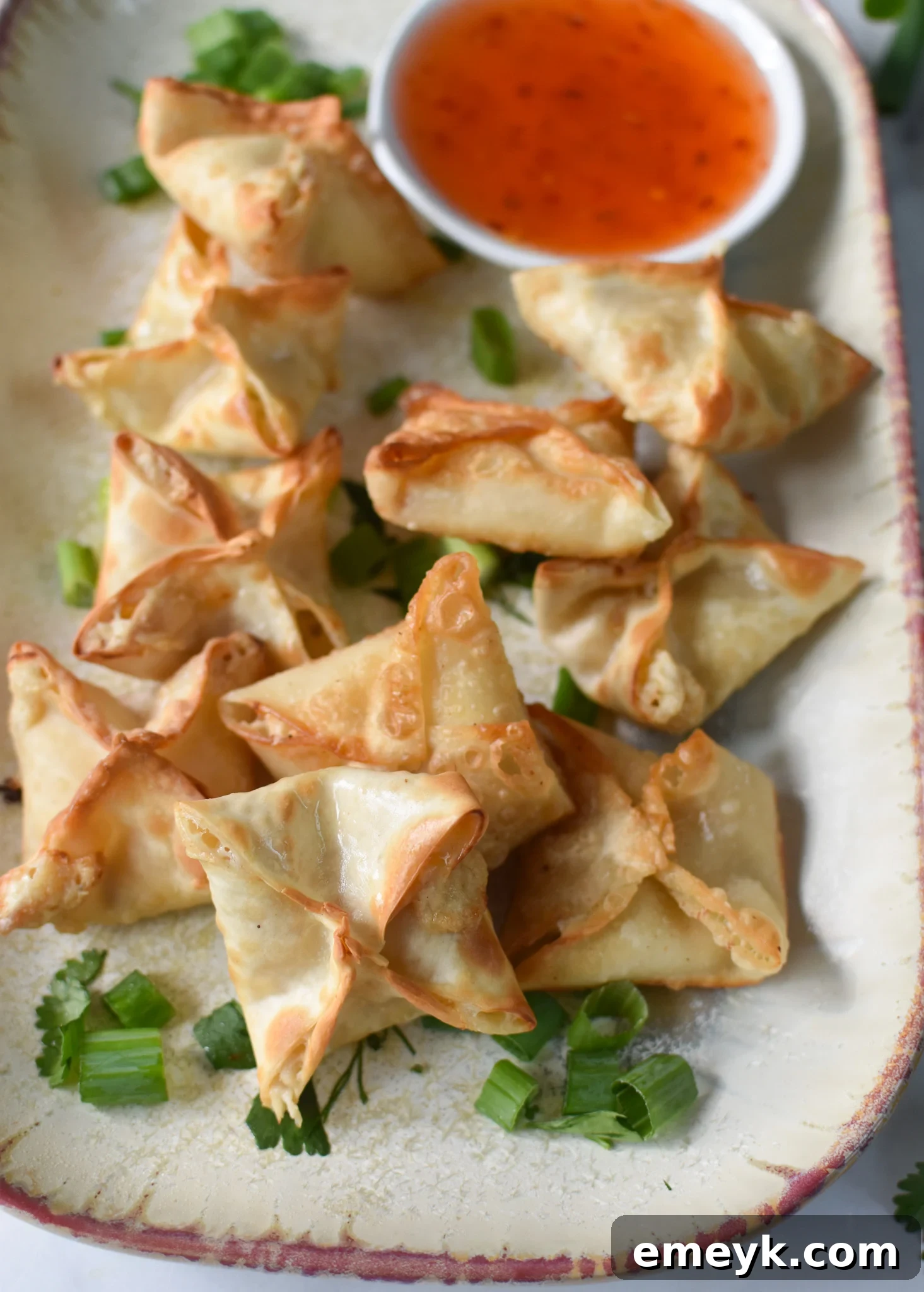 Air Fryer Crab Rangoon arranged on a pristine white plate, garnished with fresh green onions and a side of dipping sauce.