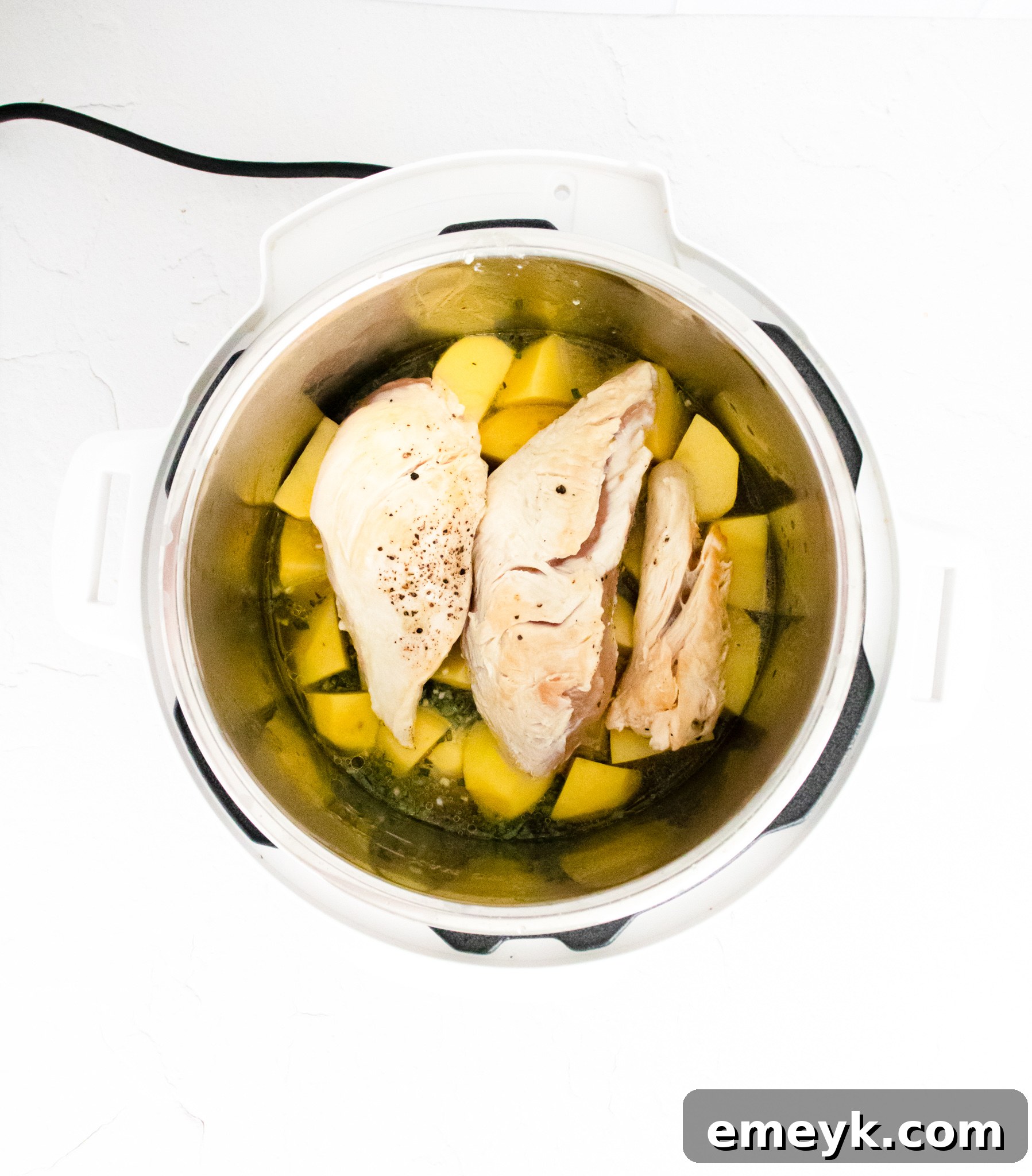 Instant Pot Chicken Breast Recipe ingredients layered inside an Instant Pot before cooking.