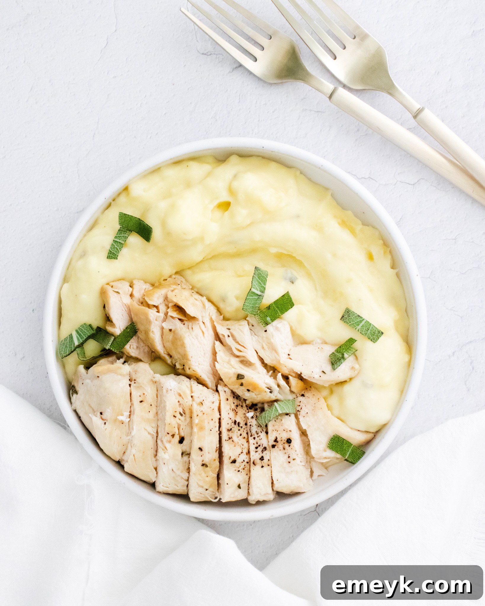 Instant Pot Chicken Breast and Mashed Potatoes served in a white bowl with forks.