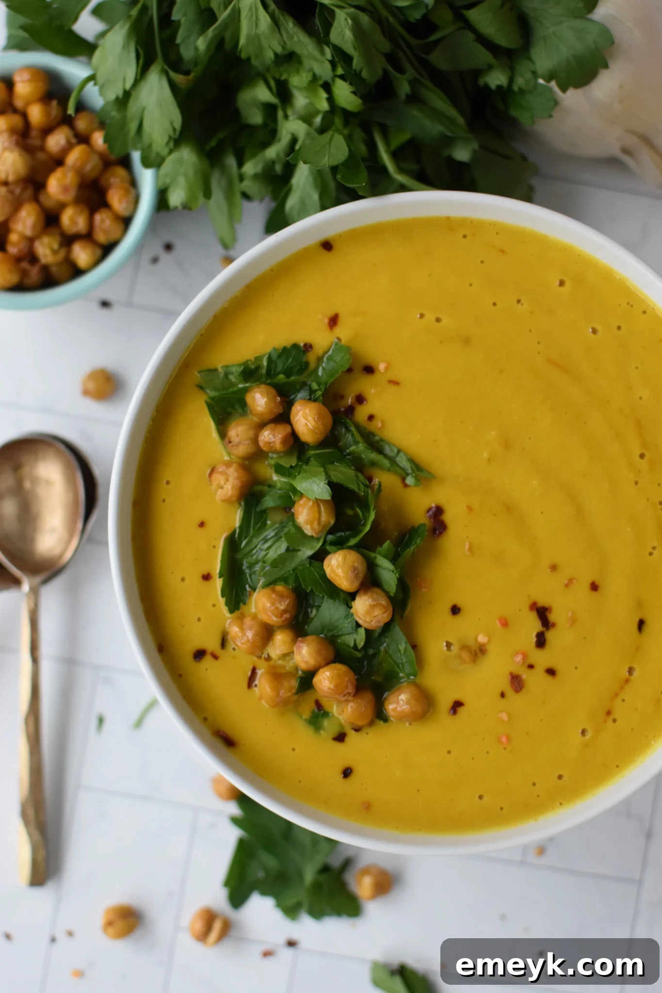 Velvety Cauliflower Dream 2 Creamy Cauliflower Soup with crispy chickpea.