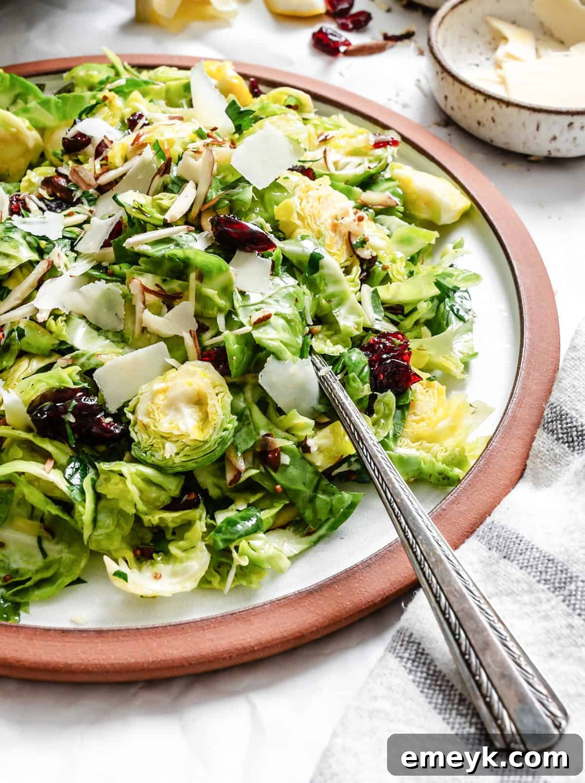 Crisp Brussels Slaw 2 Brussels Sprout Slaw with a fork, showcasing vibrant colors and textures