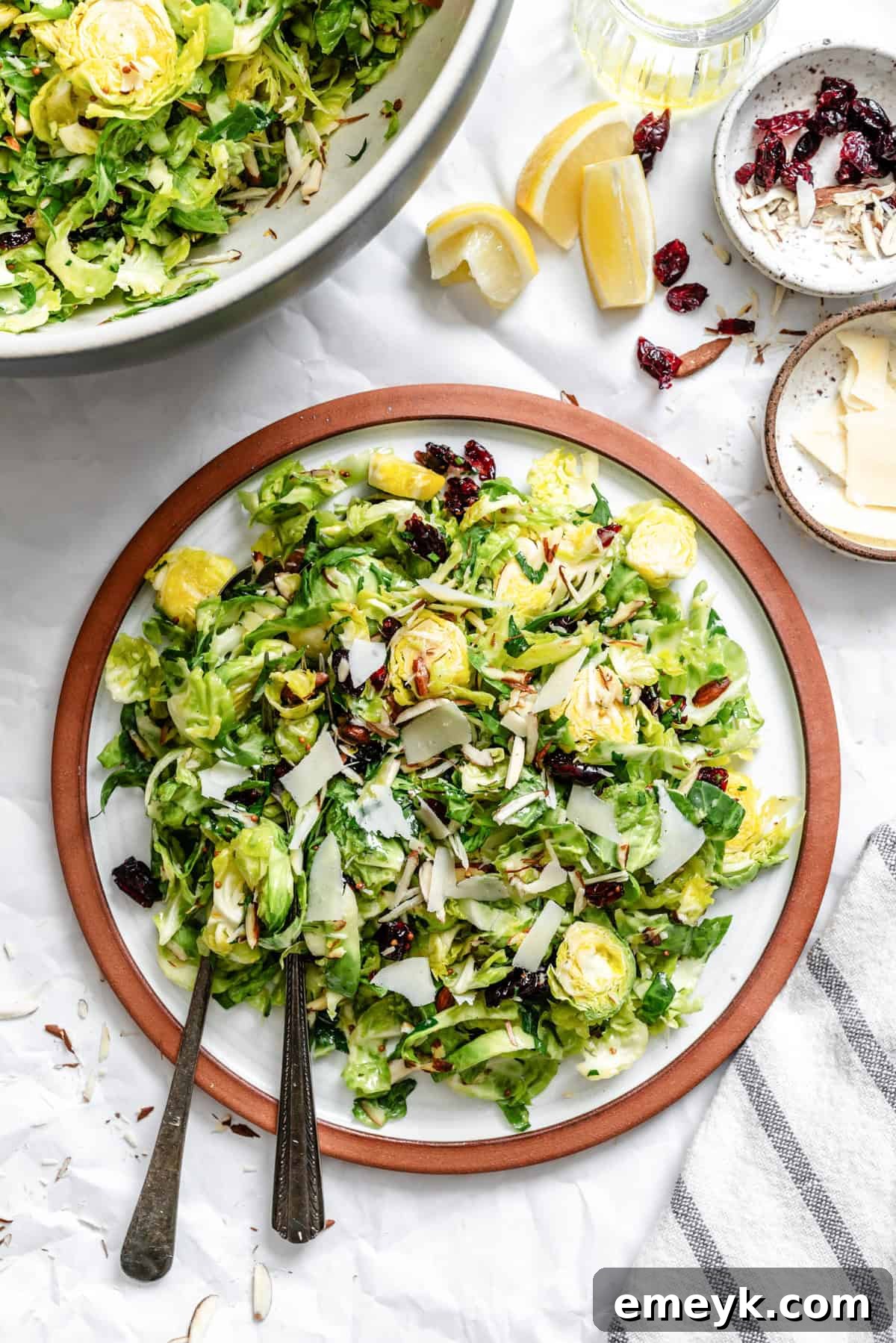 Crisp Brussels Slaw 4 Brussels Sprout Slaw on a plate with forks, ready to be served