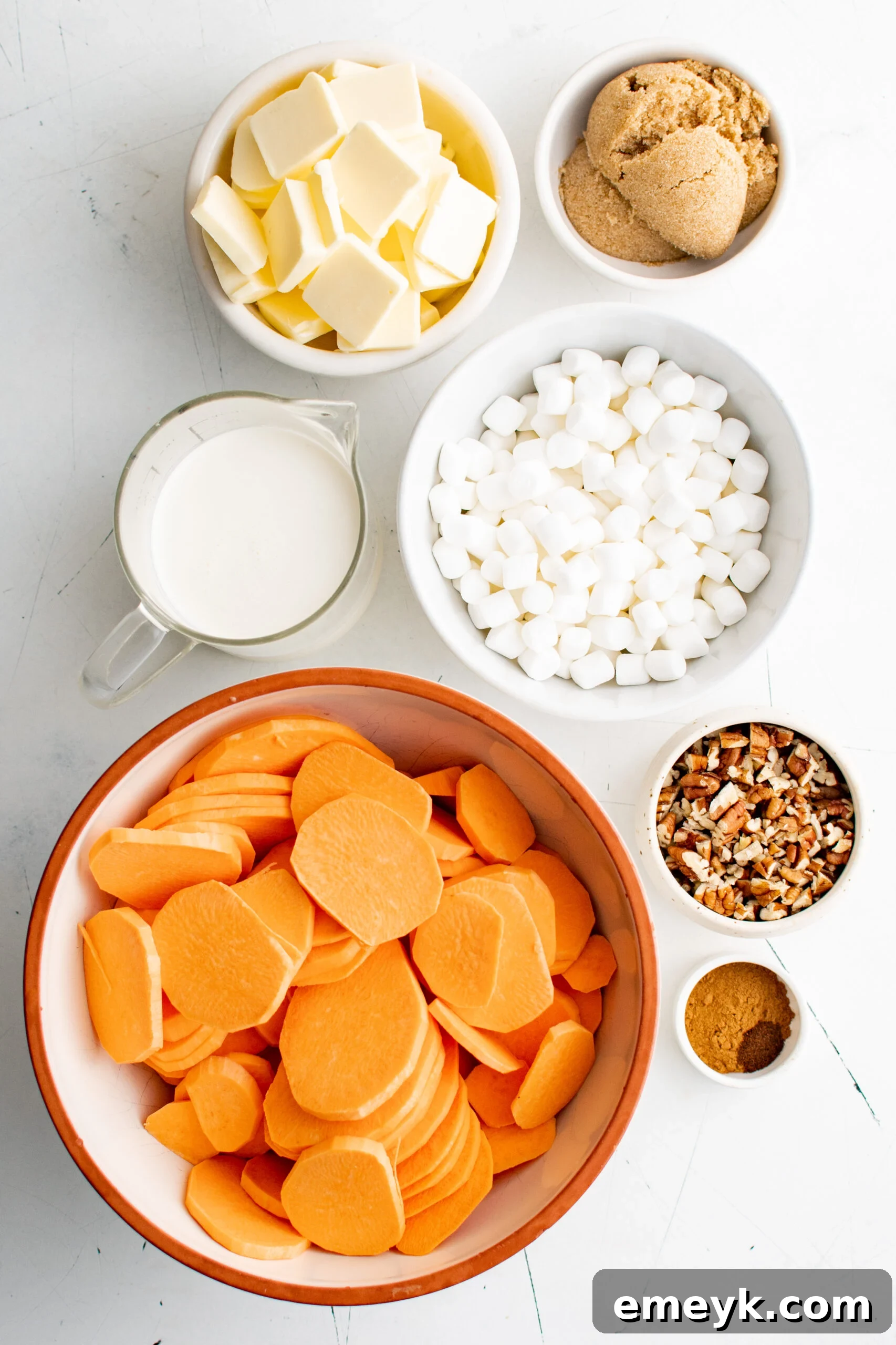 Easy Scalloped Sweet Potatoes ingredients laid out.