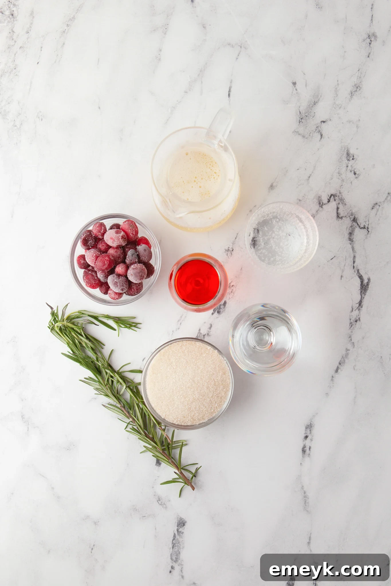 Arrangement of Cranberry Aperol Spritz ingredients: Aperol bottle, Prosecco bottle, fresh cranberries, sugar, water, soda water, ice, and rosemary sprigs.