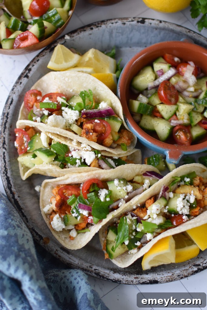 Close-up of Mediterranean Style Tofu Tacos on a grey plate, ready to be served.