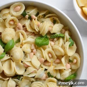 Zesty Lemon Basil White Bean Pasta 7 Lemon Basil White Bean Pasta in a white bowl.