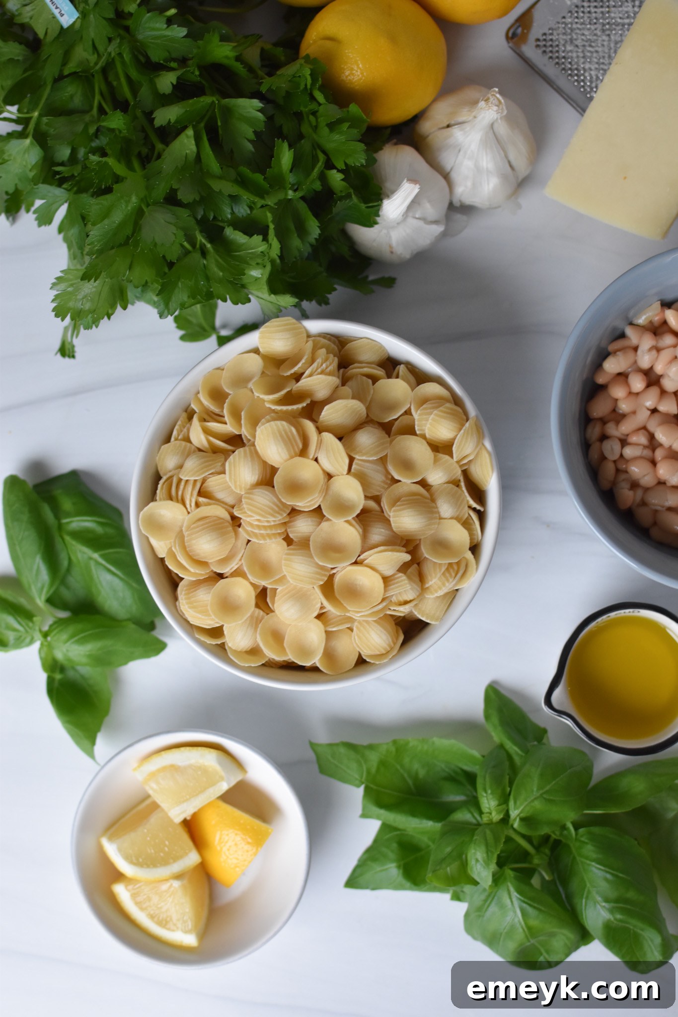 Zesty Lemon Basil White Bean Pasta 3 All the fresh ingredients for Lemon Basil White Bean Pasta laid out on a table: pasta, olive oil, garlic, dried oregano, crushed red pepper, fresh basil, lemon, and white beans.