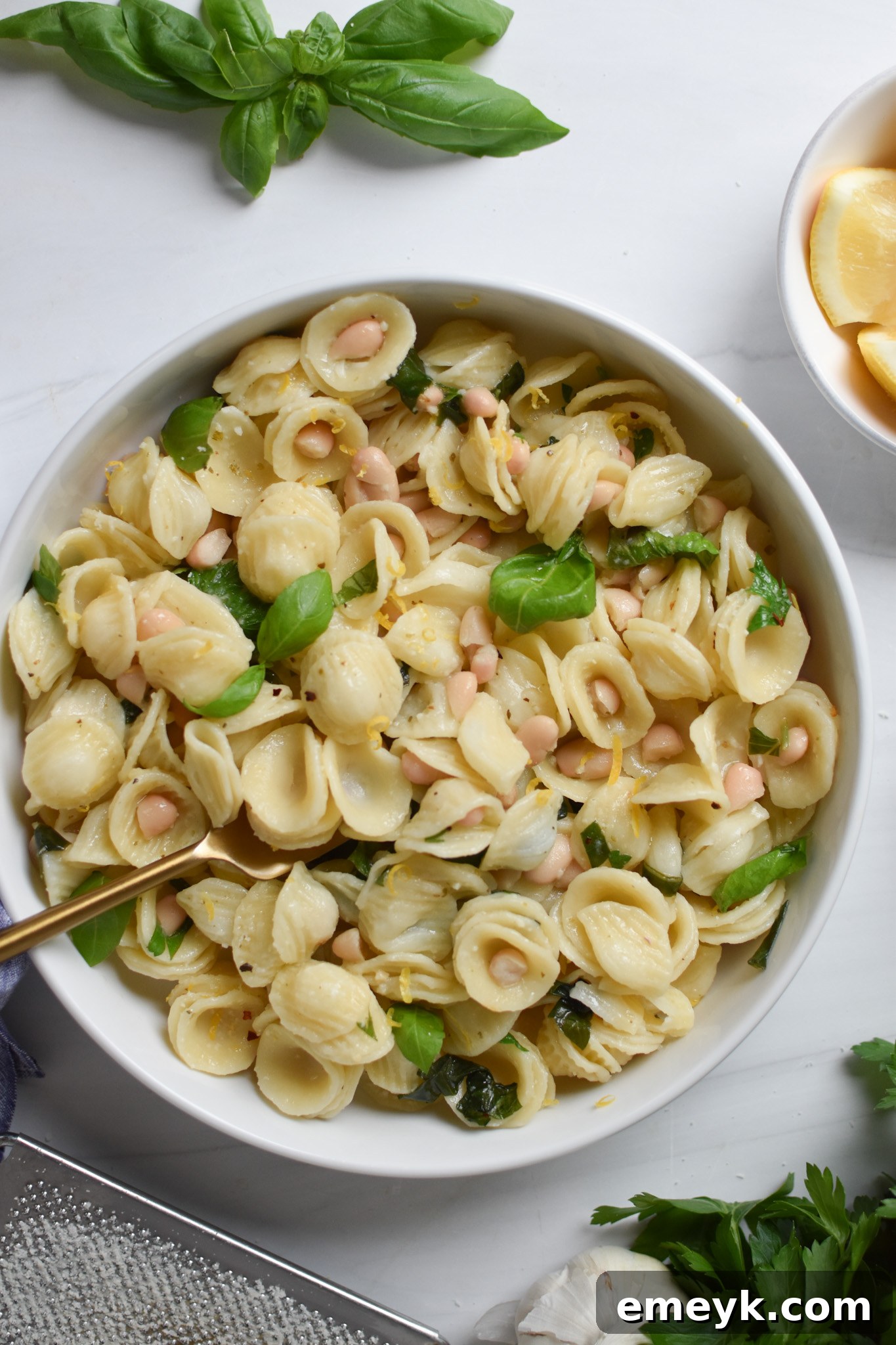Zesty Lemon Basil White Bean Pasta 5 A bowl of Lemon Basil White Bean Pasta, garnished with fresh basil leaves and a lemon slice.