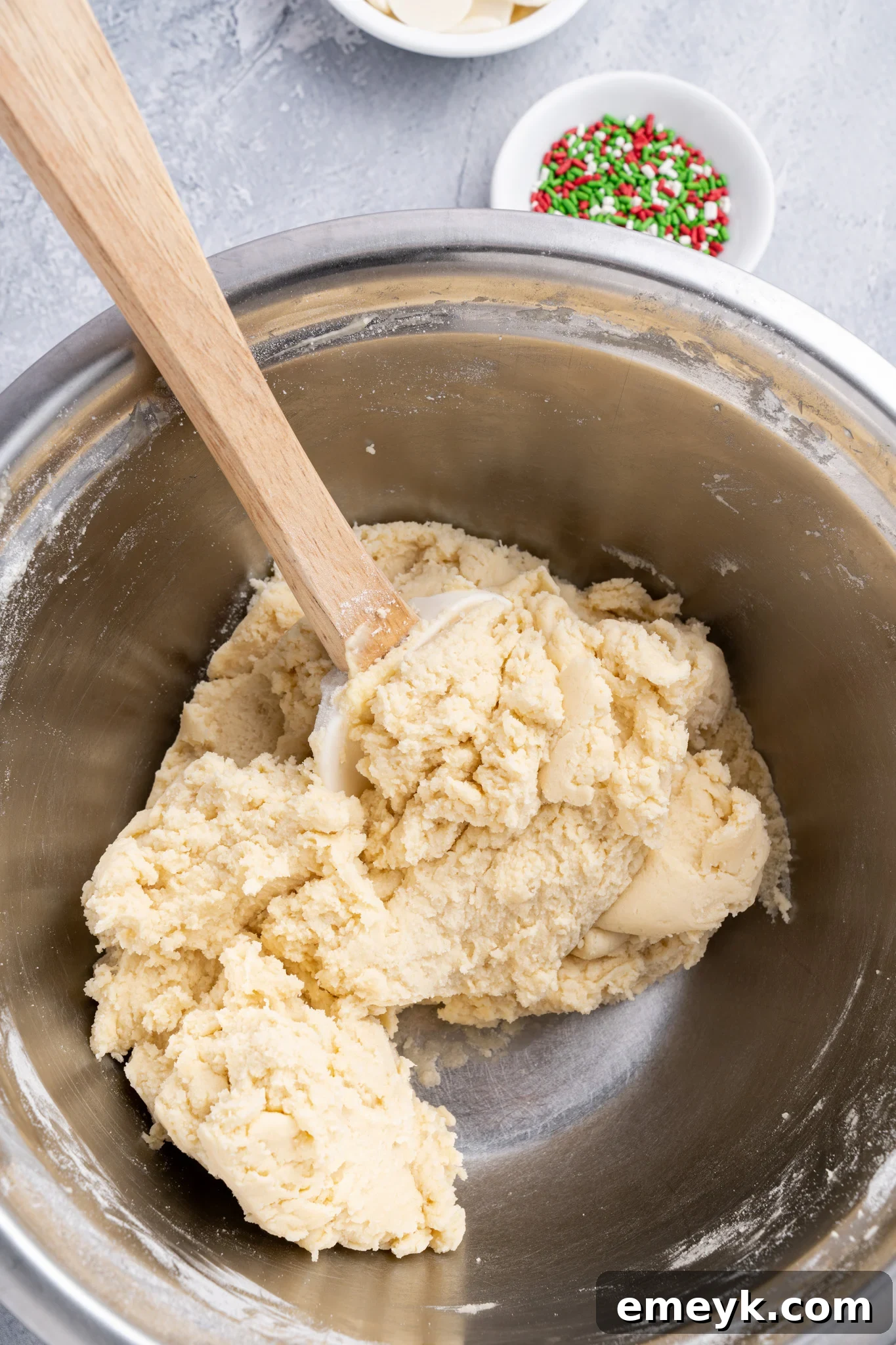 Christmas Shortbread Cookies dough chilling in a bowl.