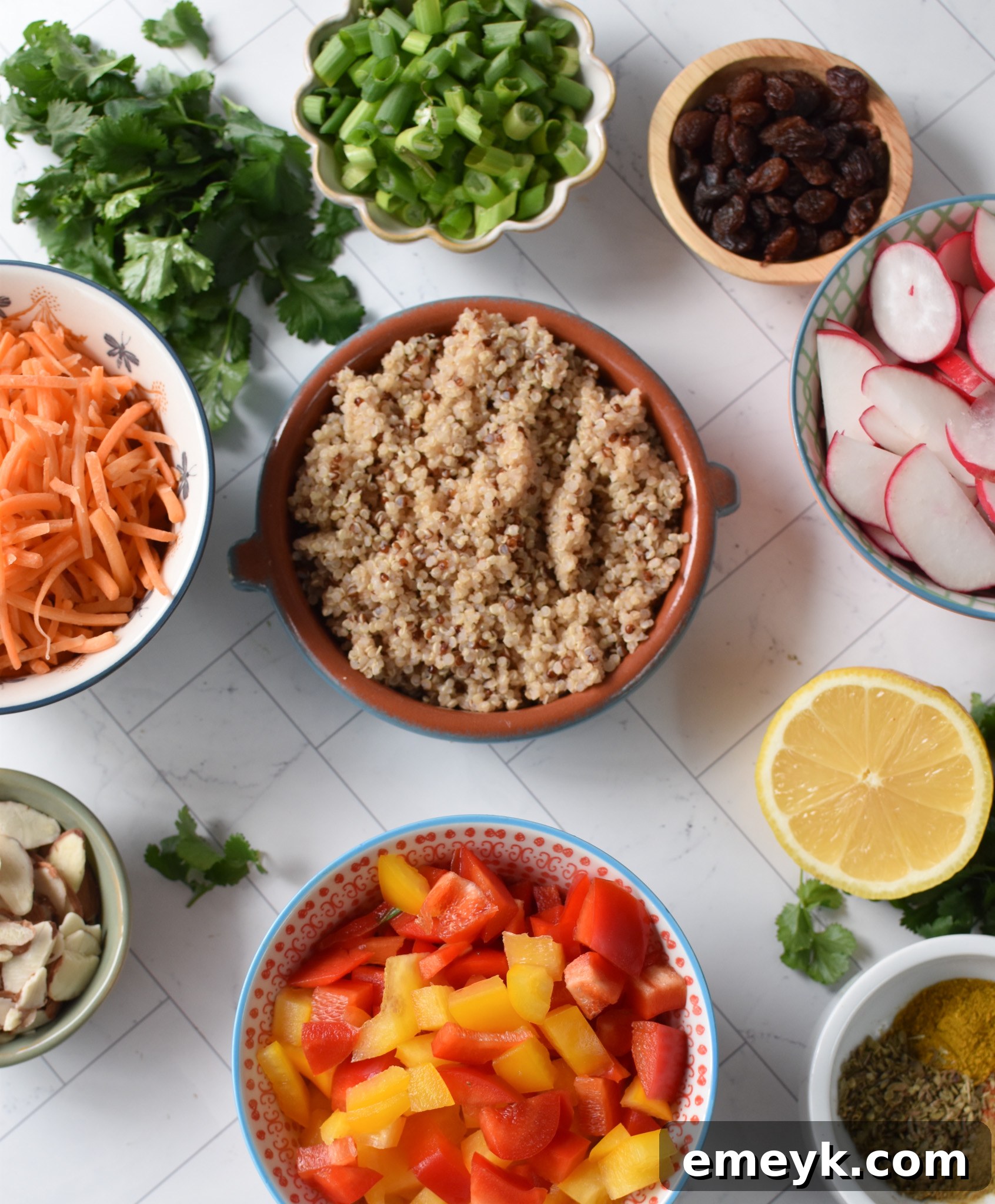 All ingredients for Curried Quinoa Salad laid out.