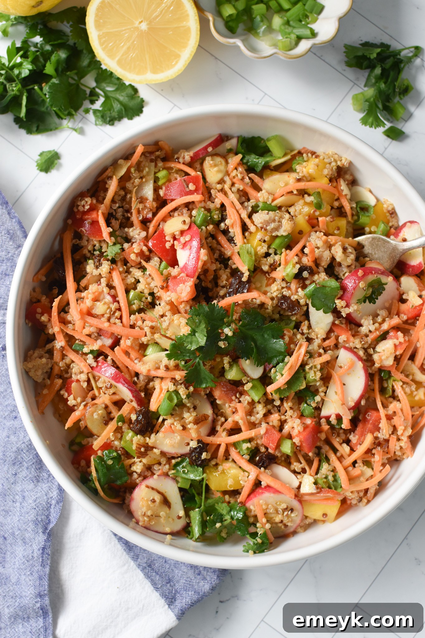 Curried Quinoa Salad elegantly presented in a white bowl.