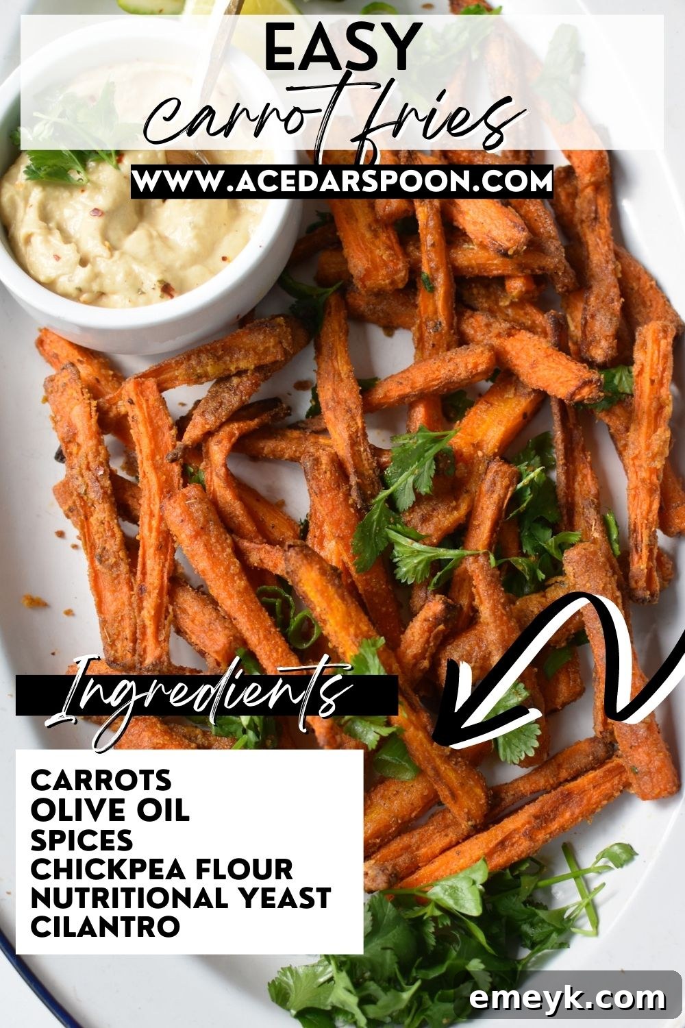 Golden Roasted Carrot Fries 7 A close-up of Oven Baked Carrot Fries in a bowl, with a food blog logo in the corner.