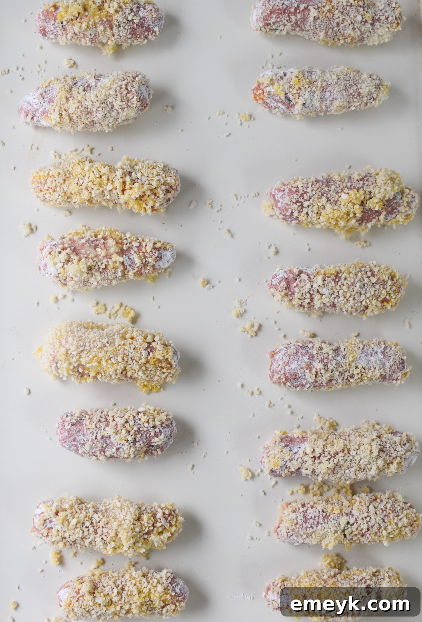 Gourmet Lamb Croquettes 7 A lamb croquette being rolled in a bowl of panko breadcrumbs to create a crispy coating.