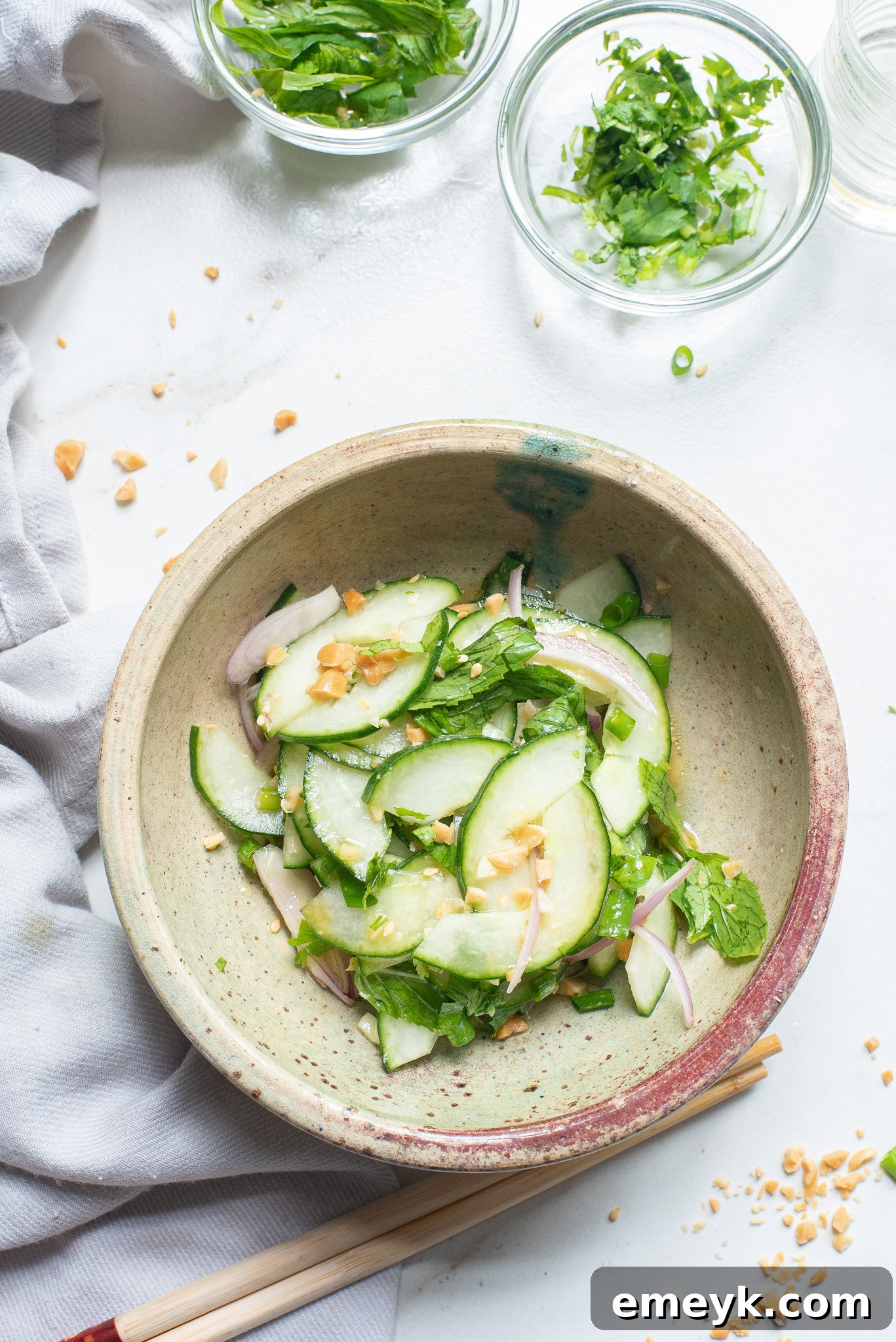 Thai Cucumber Salad in a pottery bowl. 