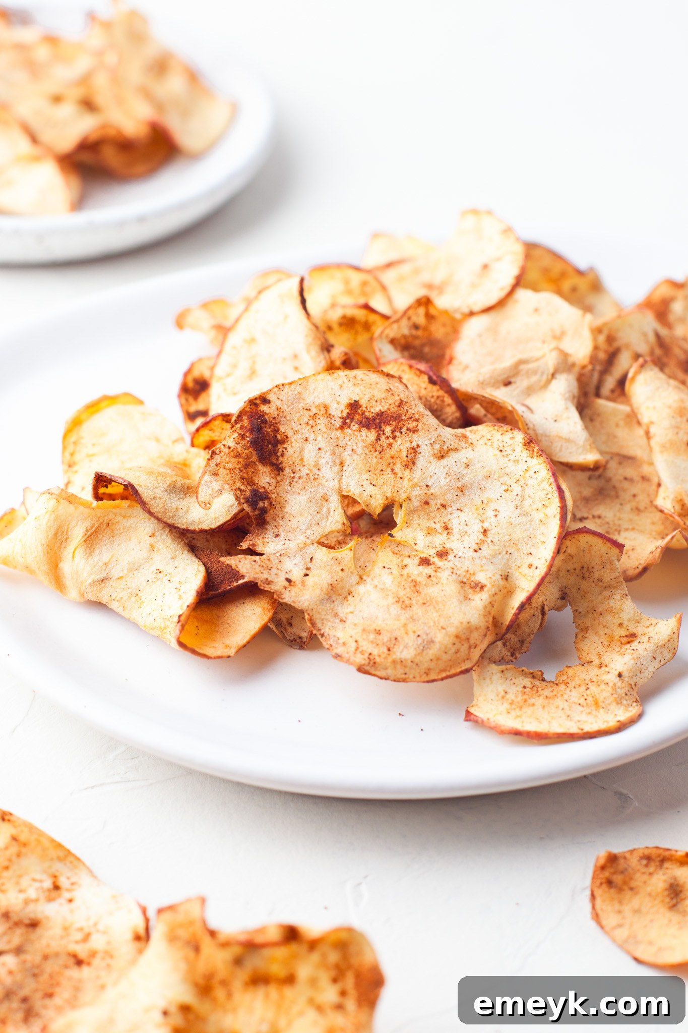 Crispy Air Fryer Apple Chips 2 Crispy Air Fryer Apple Chips piled on a white plate, seasoned with cinnamon and nutmeg.
