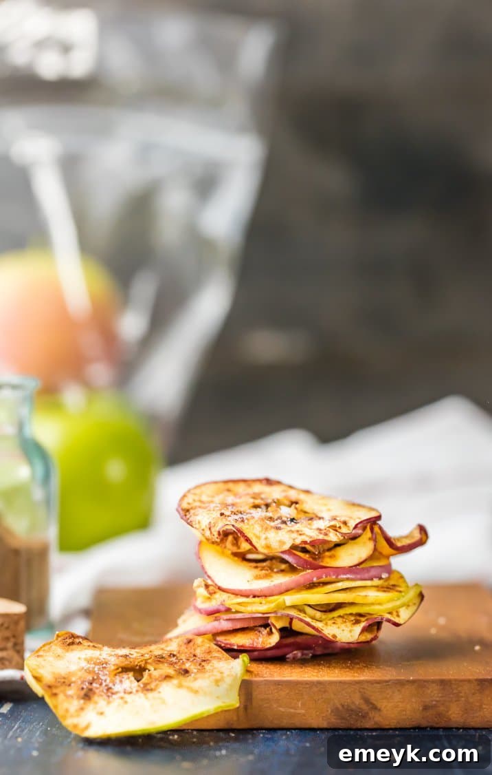 Crispy Air Fryer Apple Chips 3 Stack of crispy Air Fryer Apple Chips seasoned with cinnamon and nutmeg.