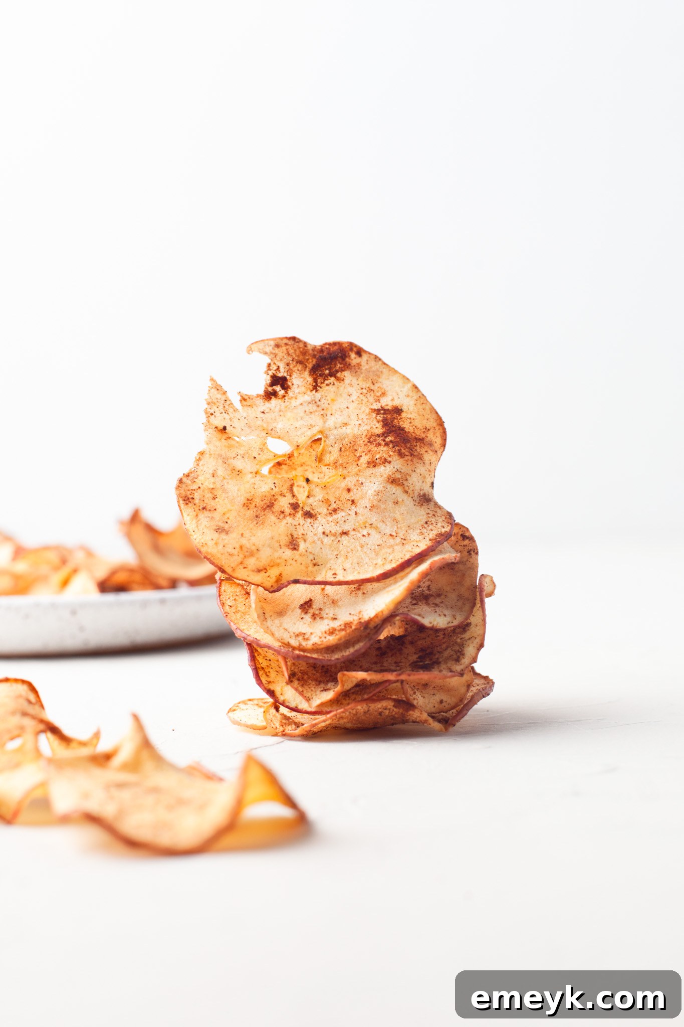 Crispy Air Fryer Apple Chips 5 Perfectly stacked, golden-brown Air Fryer Apple Chips showcasing their crisp texture.
