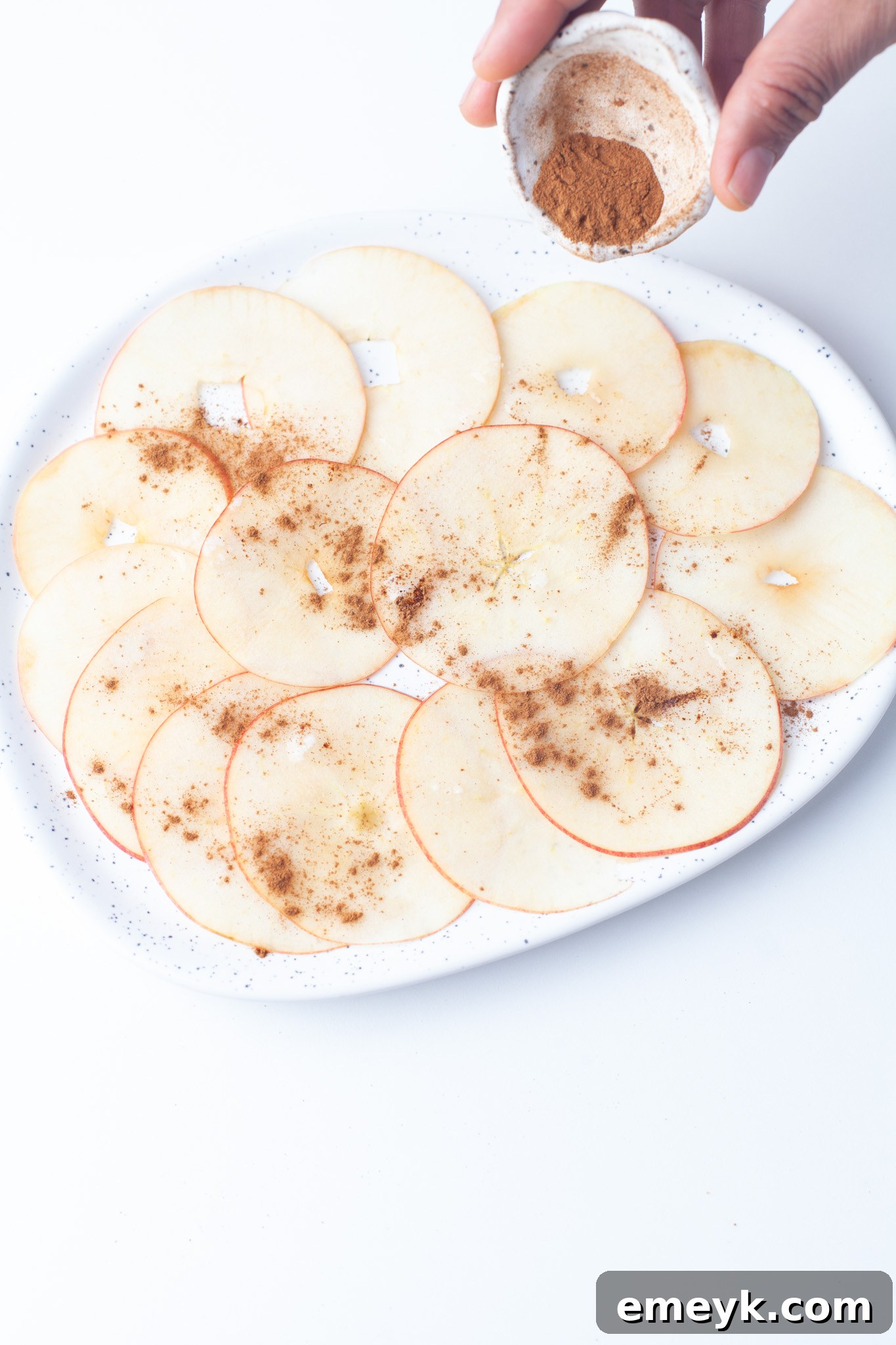 Crispy Air Fryer Apple Chips 7 Apple slices in a bowl, coated with cinnamon and nutmeg, ready for the air fryer.
