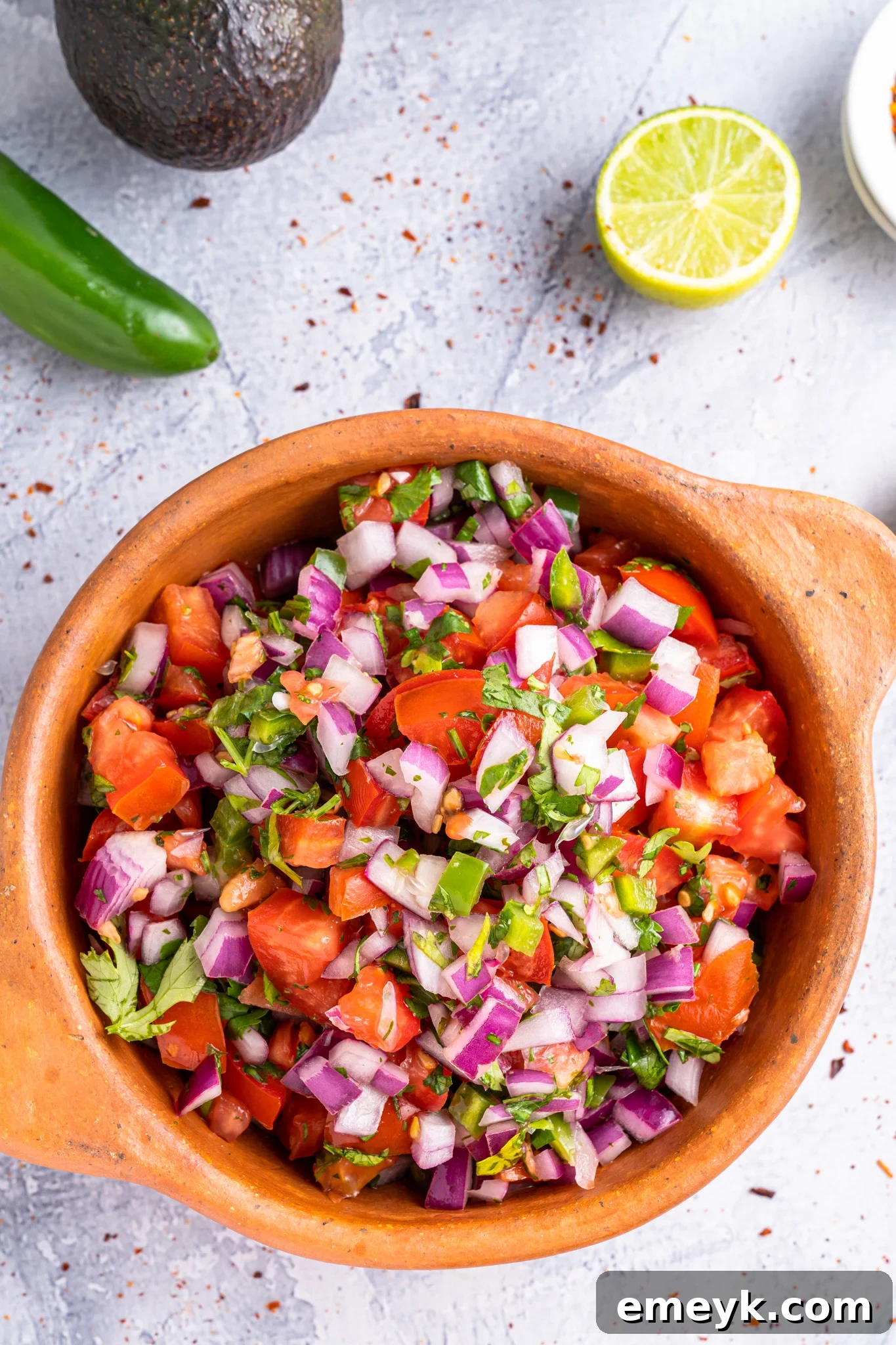 Close-up of Homemade Pico de Gallo in a bowl, garnished with fresh cilantro.