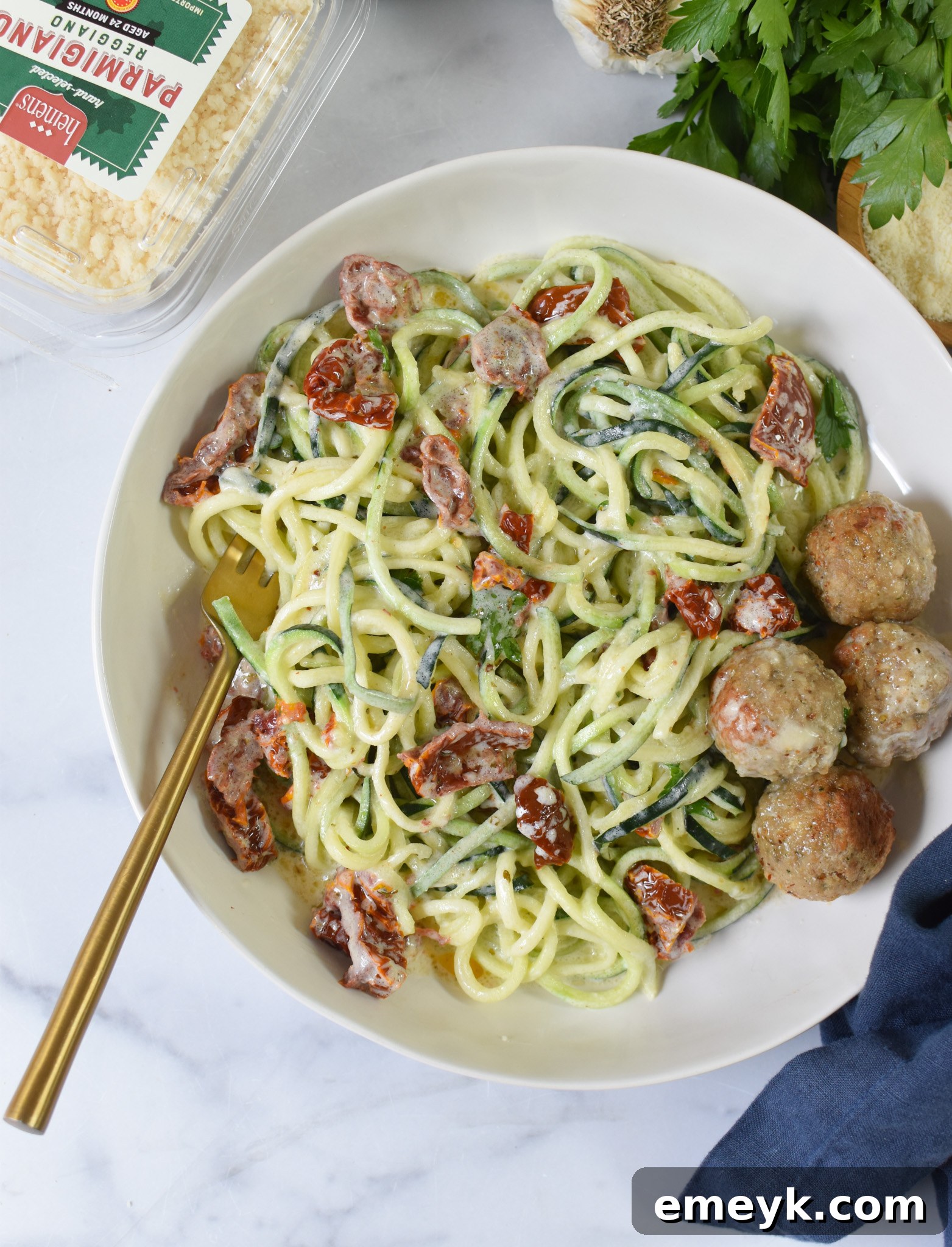 Creamy Zucchini Noodle Alfredo 8 Close-up shot of freshly cooked Alfredo Zoodles, showing the perfect texture and coating.