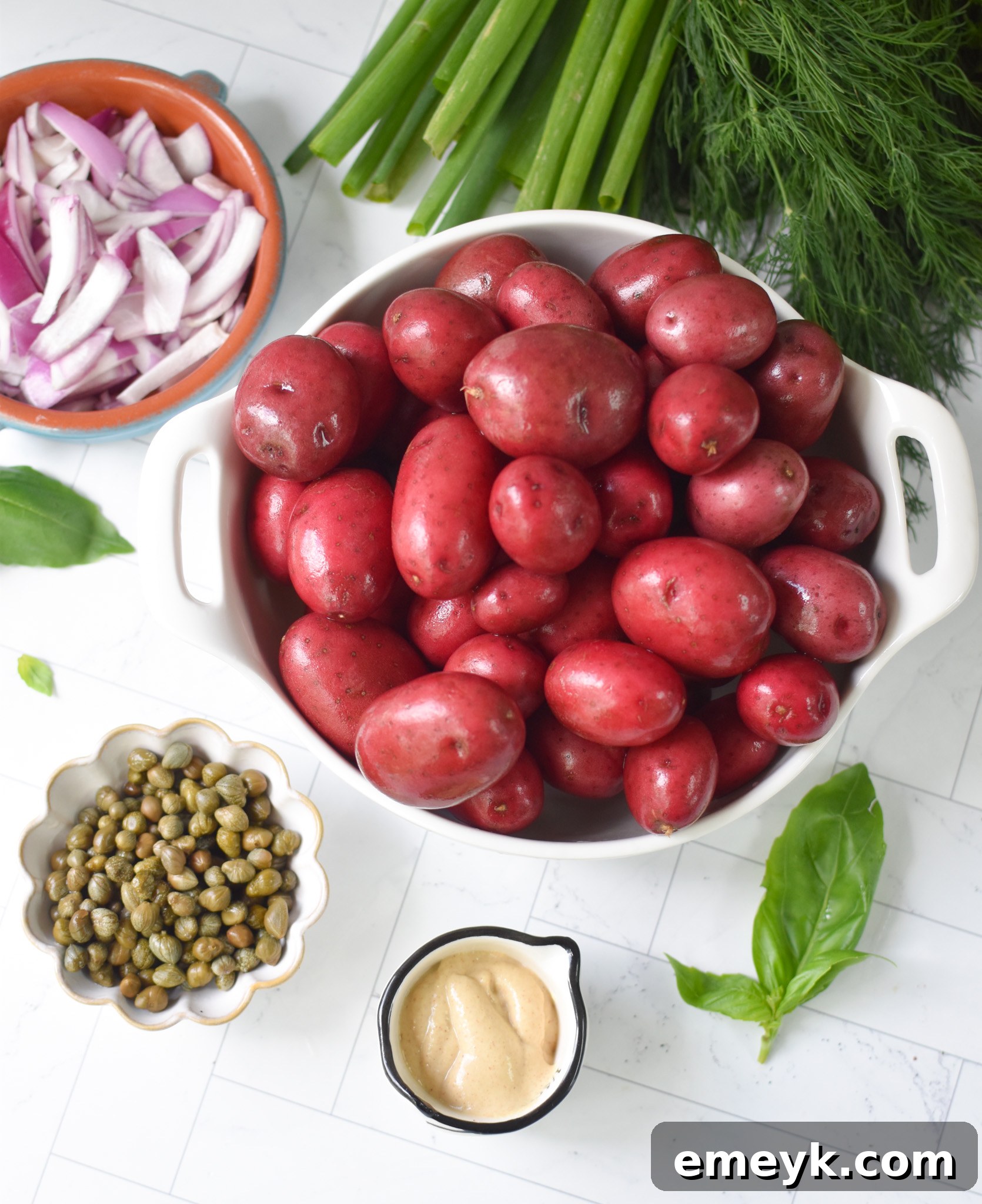 Bright & Zesty Potato Salad 6 A flat lay photograph showcasing all the fresh and vibrant ingredients required for the No Mayo Potato Salad, including red potatoes, fresh herbs, red onion, capers, and dressing components.