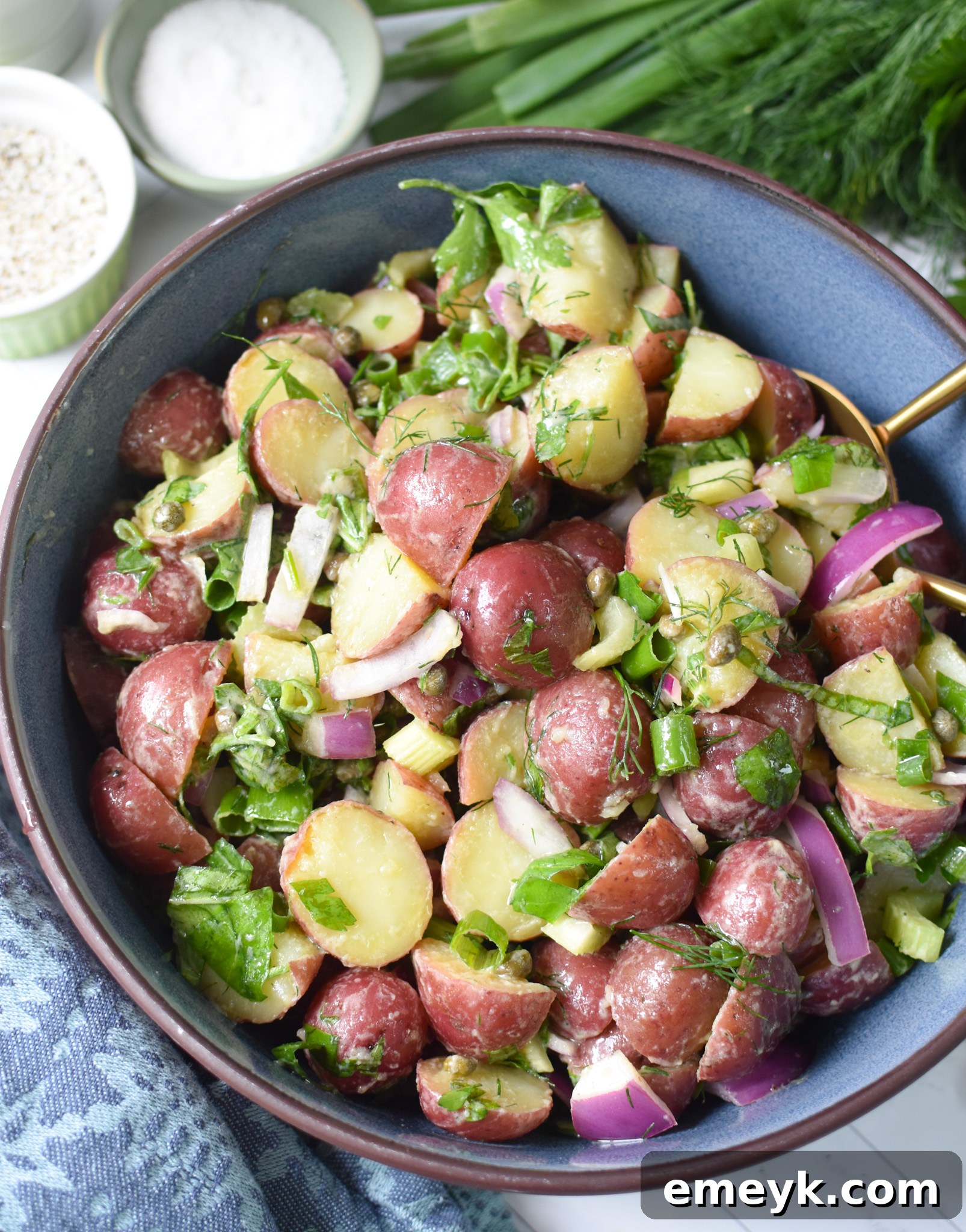 Bright & Zesty Potato Salad 8 A vibrant No Mayo Potato Salad served in a blue bowl, garnished with fresh herbs, showcasing its appetizing appeal as a light and healthy meal option.