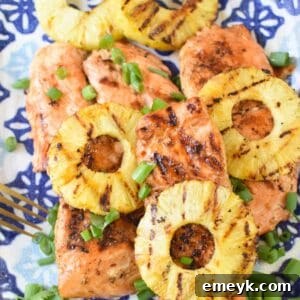 Hawaiian Grilled Salmon prepared for serving with grilled pineapple