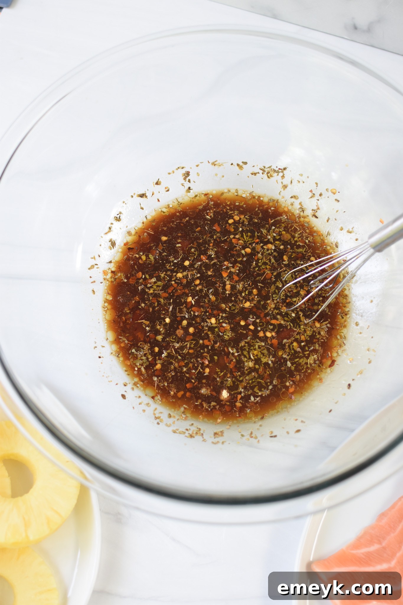 Hawaiian Grilled Salmon marinade freshly mixed in a bowl, ready for the salmon fillets to be added.