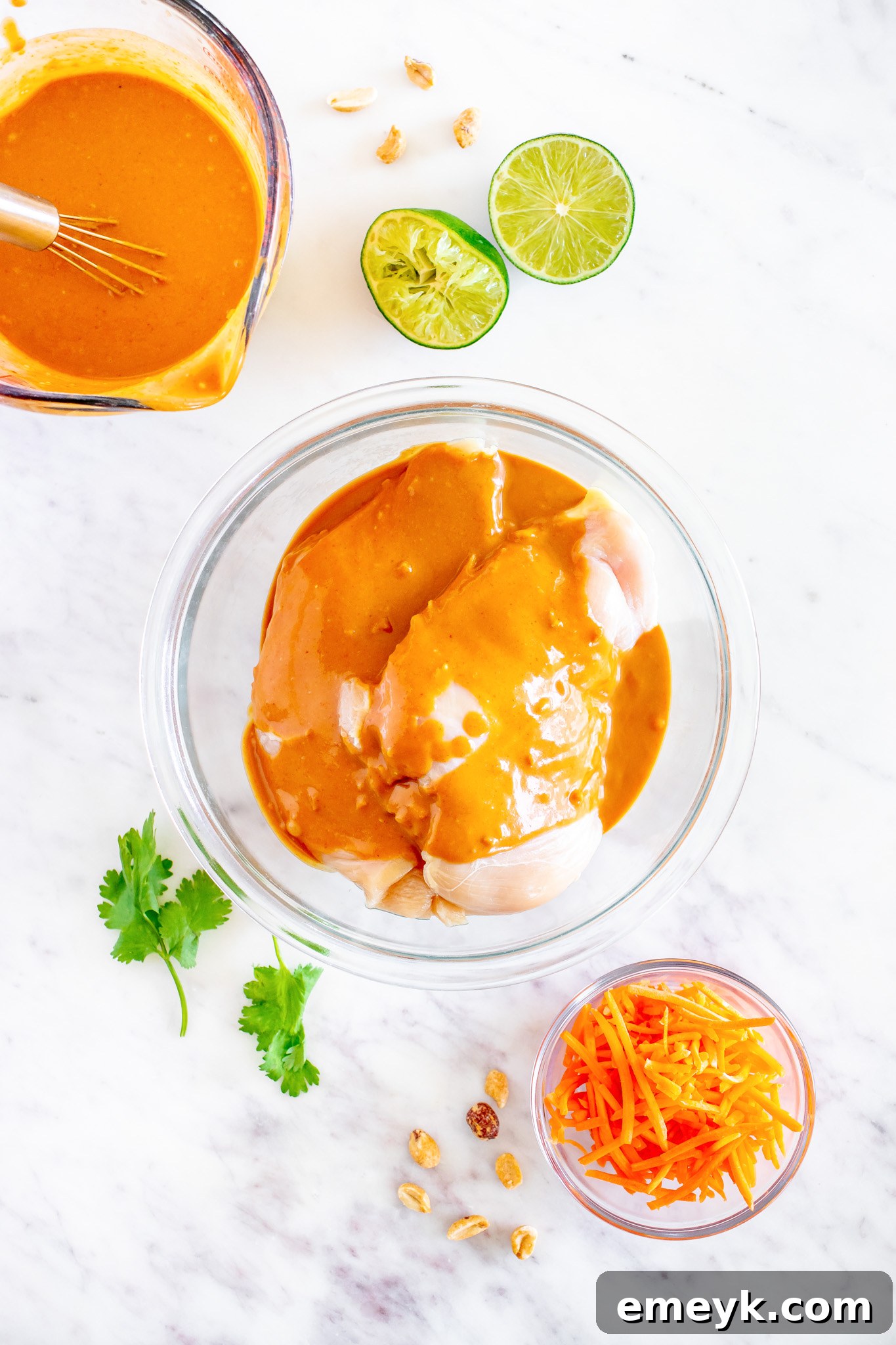 Marinated chicken breasts ready for grilling, showcasing the rich sauce.