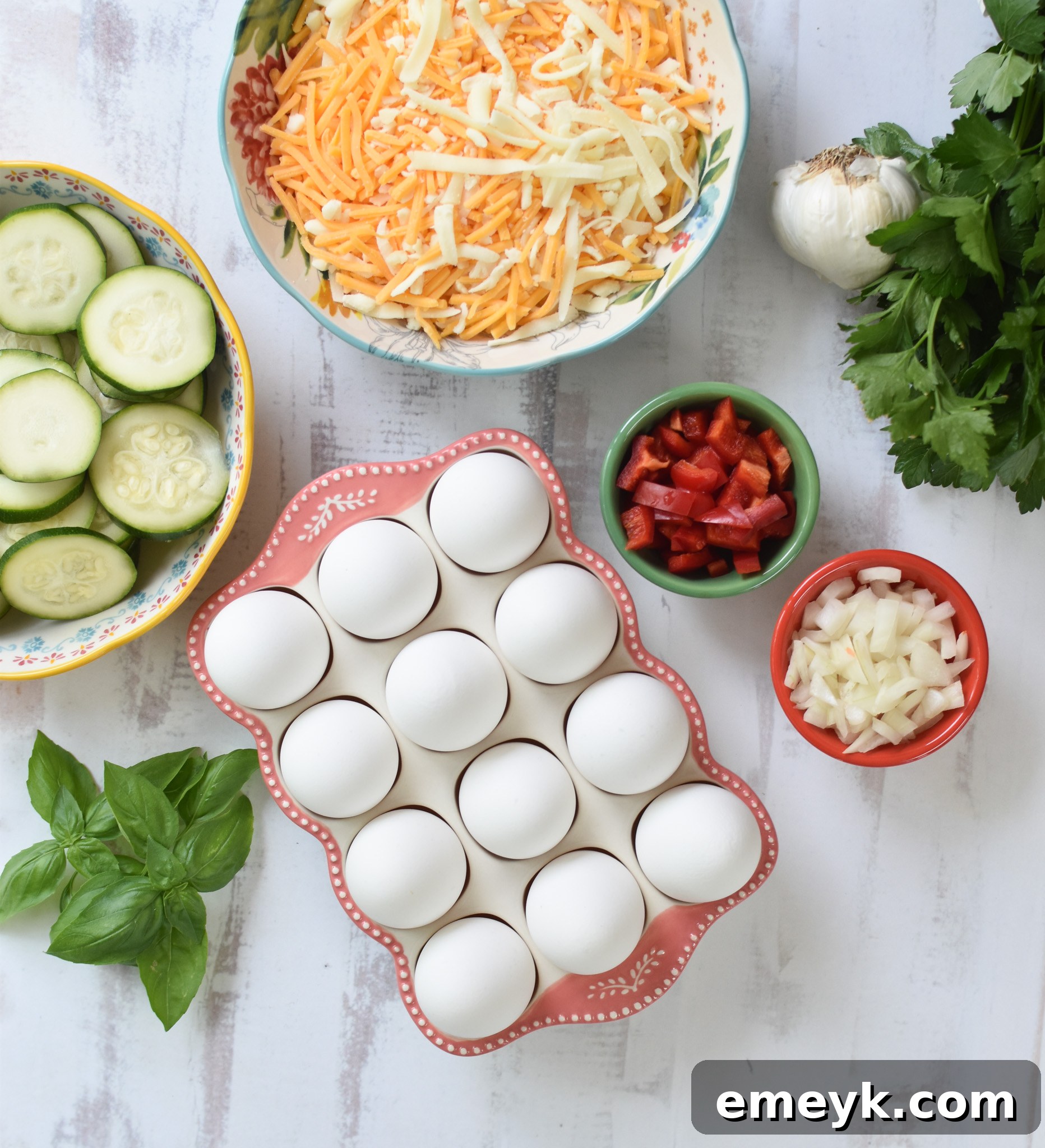 Zucchini Frittata Recipe ingredients laid out on a table.