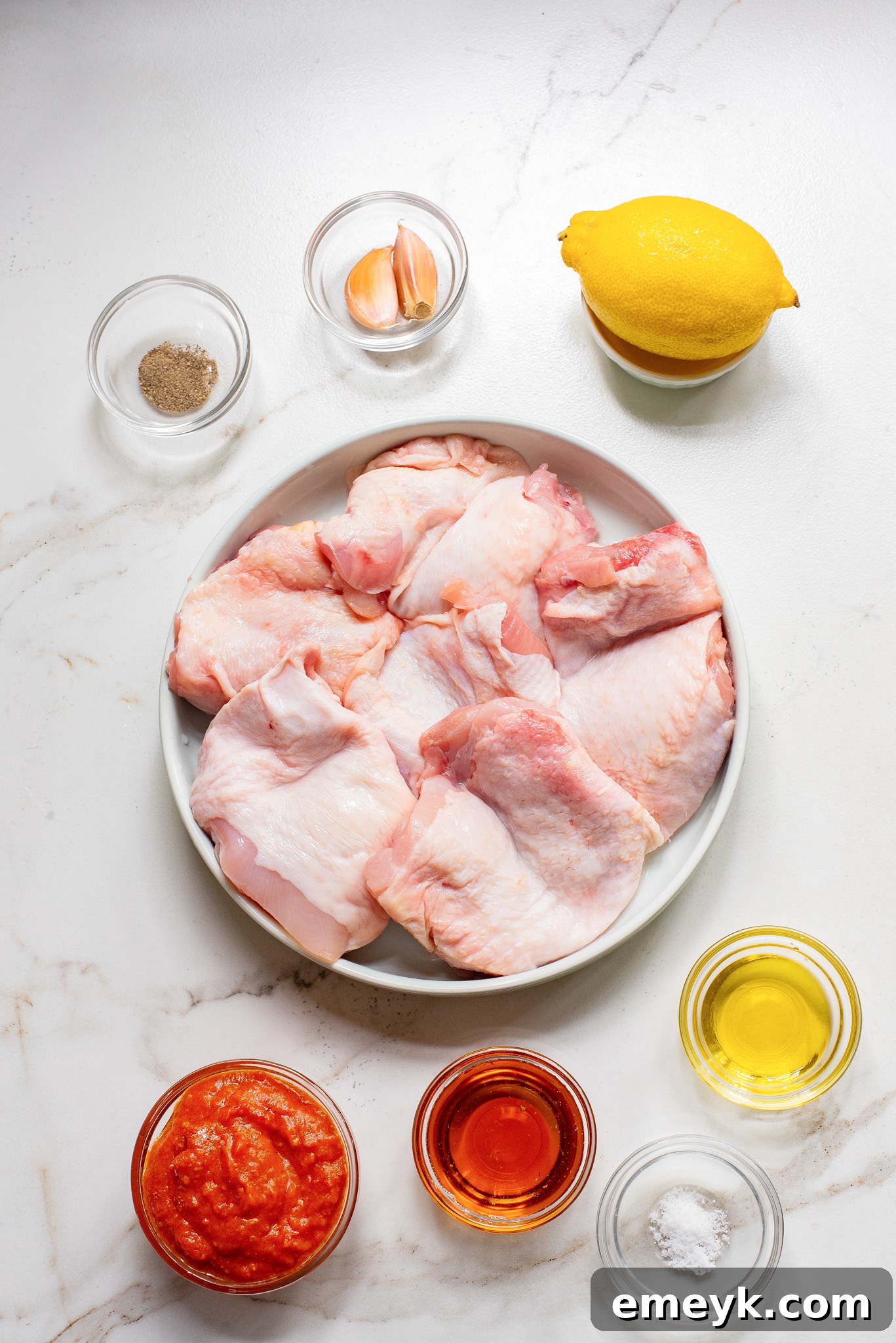 Harissa Chicken Recipe ingredients laid out on a board.