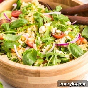 Arugula Orzo Salad in a square format for recipe card.