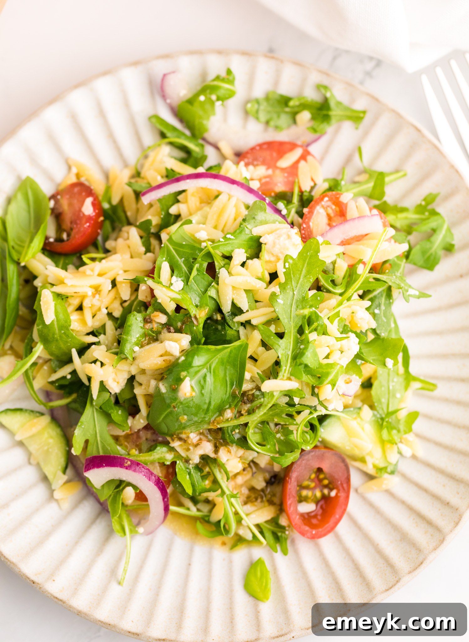 A serving of Arugula Orzo Salad presented elegantly on a white plate.