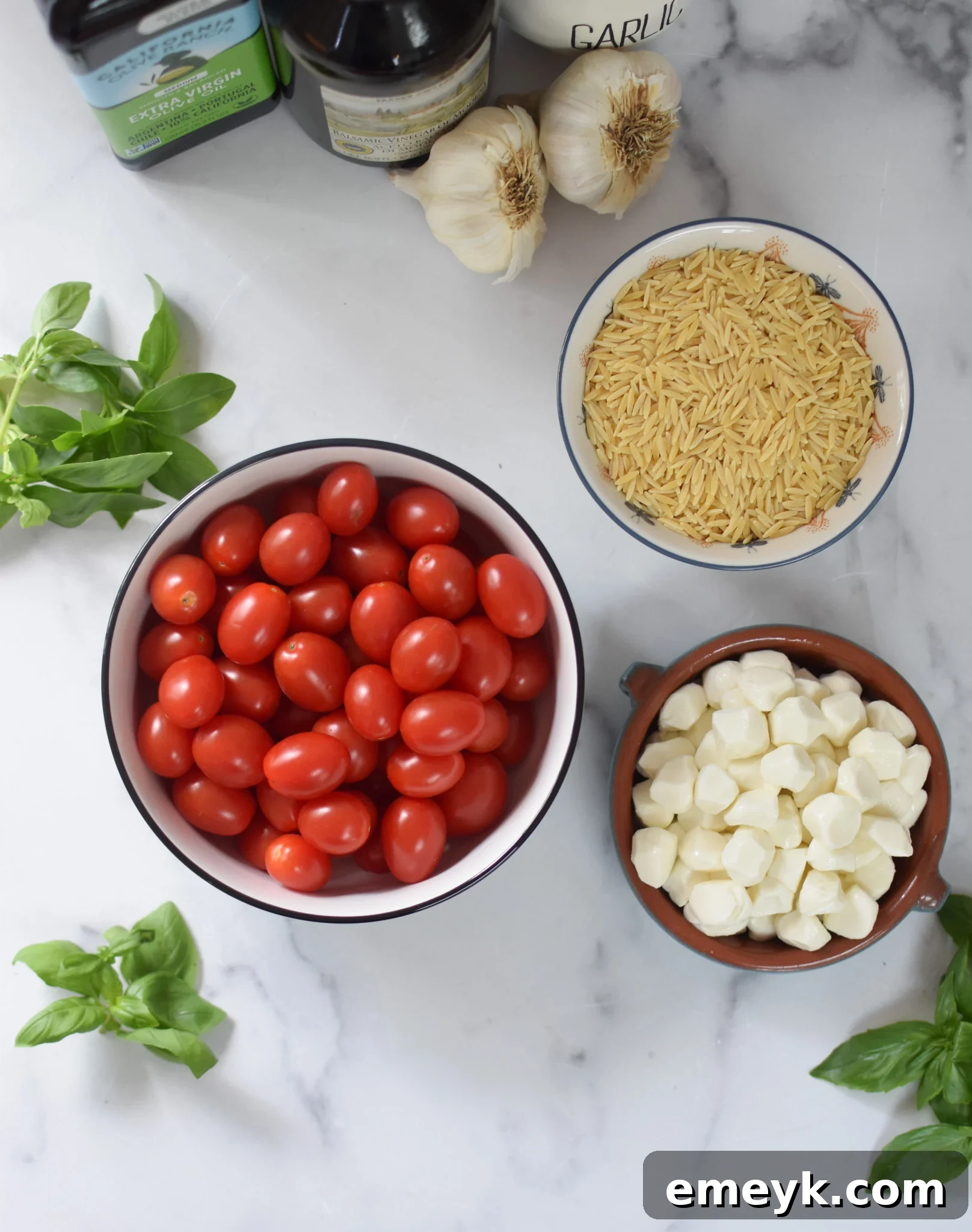 Caprese Orzo Delight 6 Key ingredients for Caprese Orzo Pasta Salad laid out.