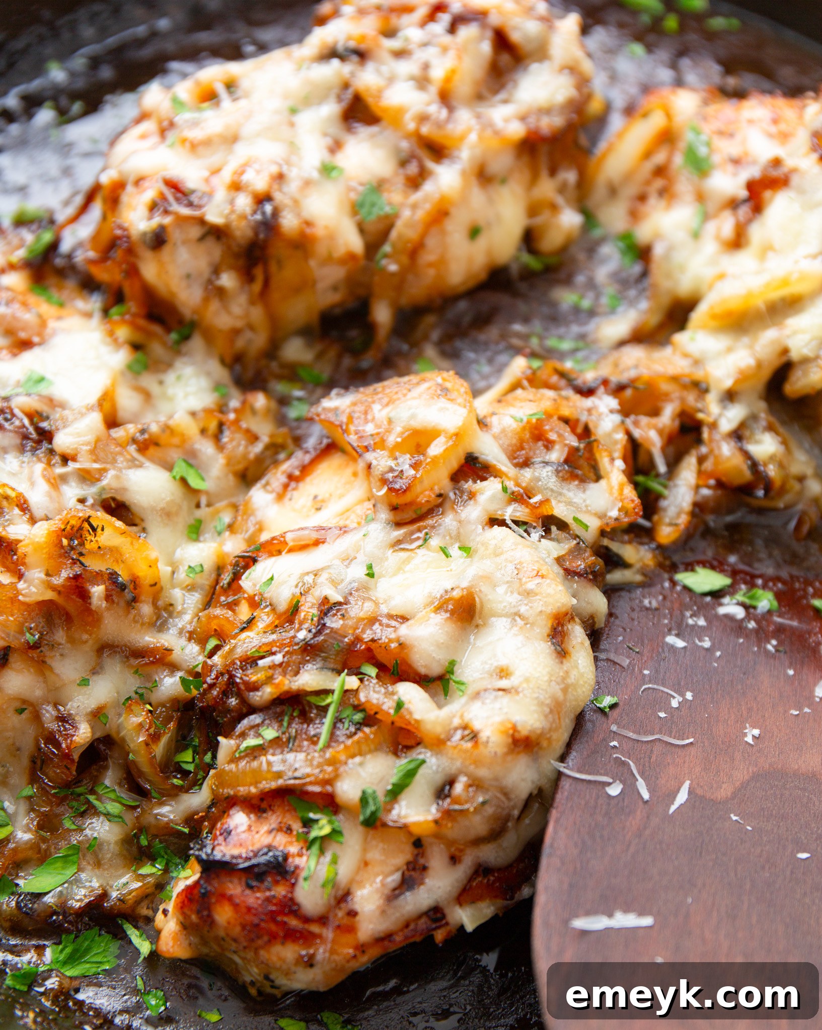 French Onion Chicken in skillet, ready to serve.