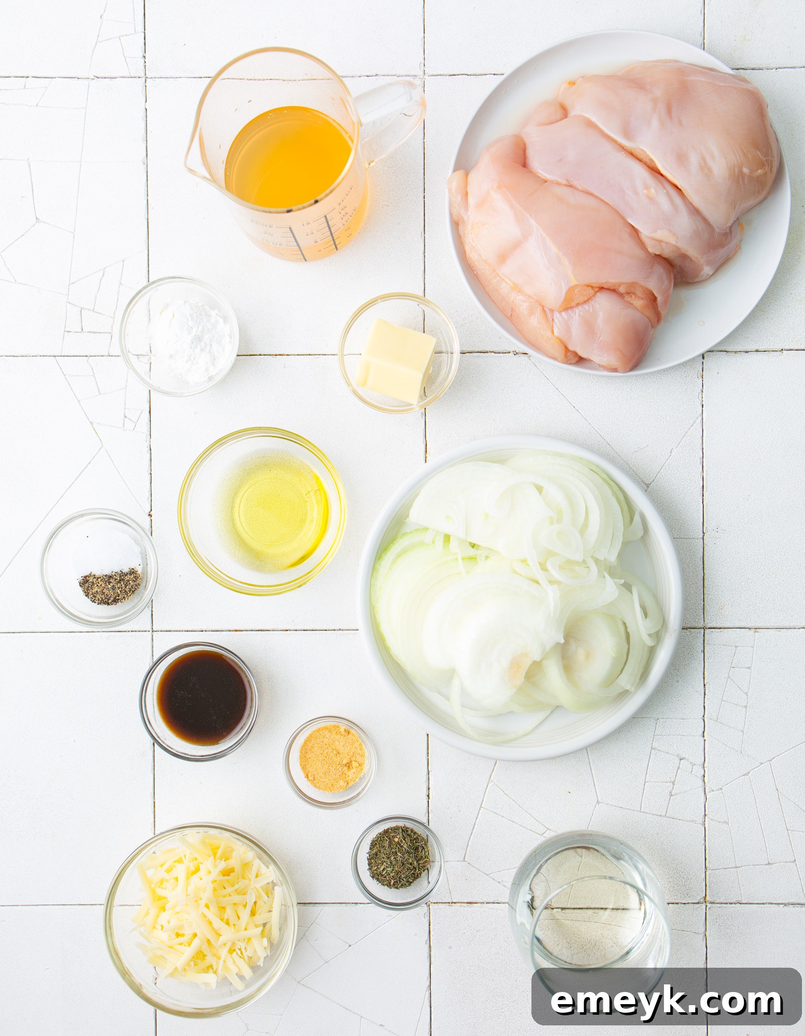 All ingredients for French Onion Chicken laid out on a kitchen counter.