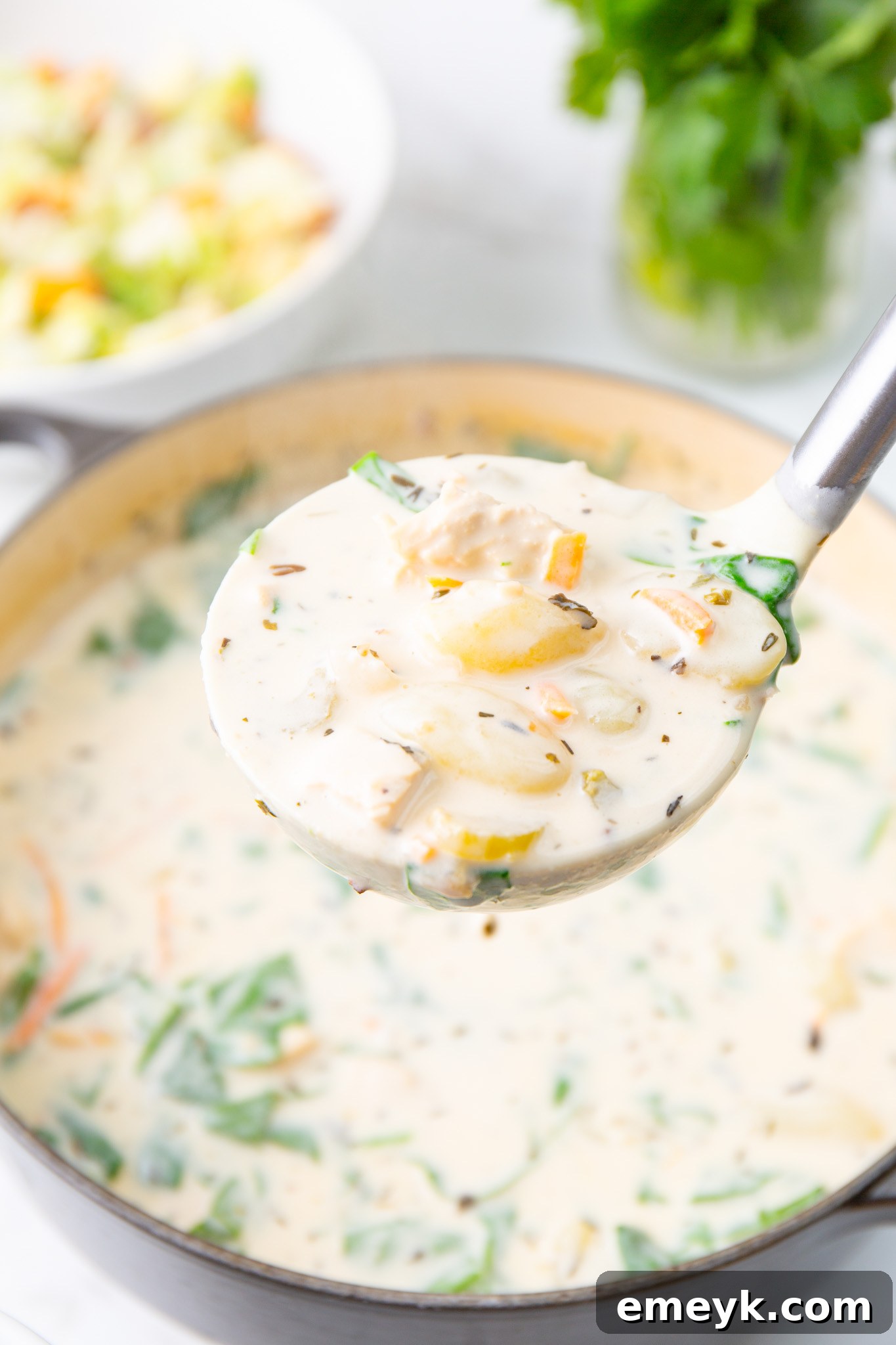 A ladle serving steaming Copycat Olive Garden Chicken Gnocchi Soup from a Dutch oven, highlighting its creamy texture and fresh ingredients.