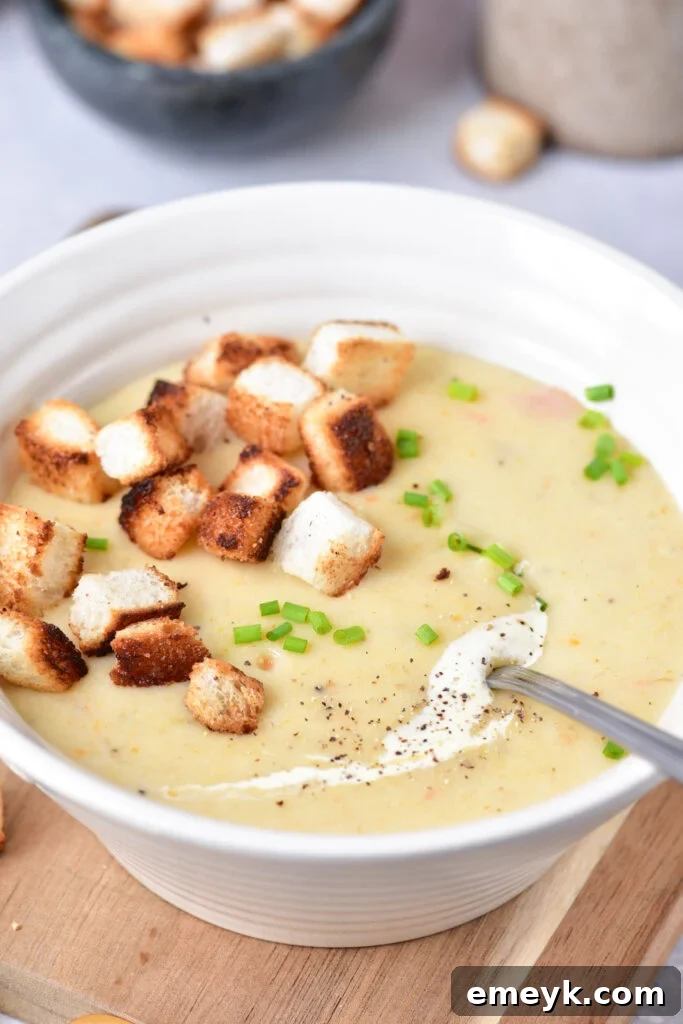 A steaming bowl of Creamy Potato Leek Soup garnished with chives and a spoon.