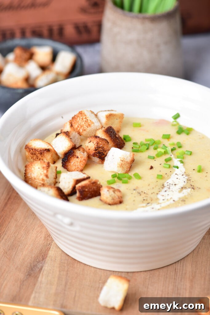 A bowl of creamy Potato Leek Soup garnished with fresh chives, ready to be enjoyed.