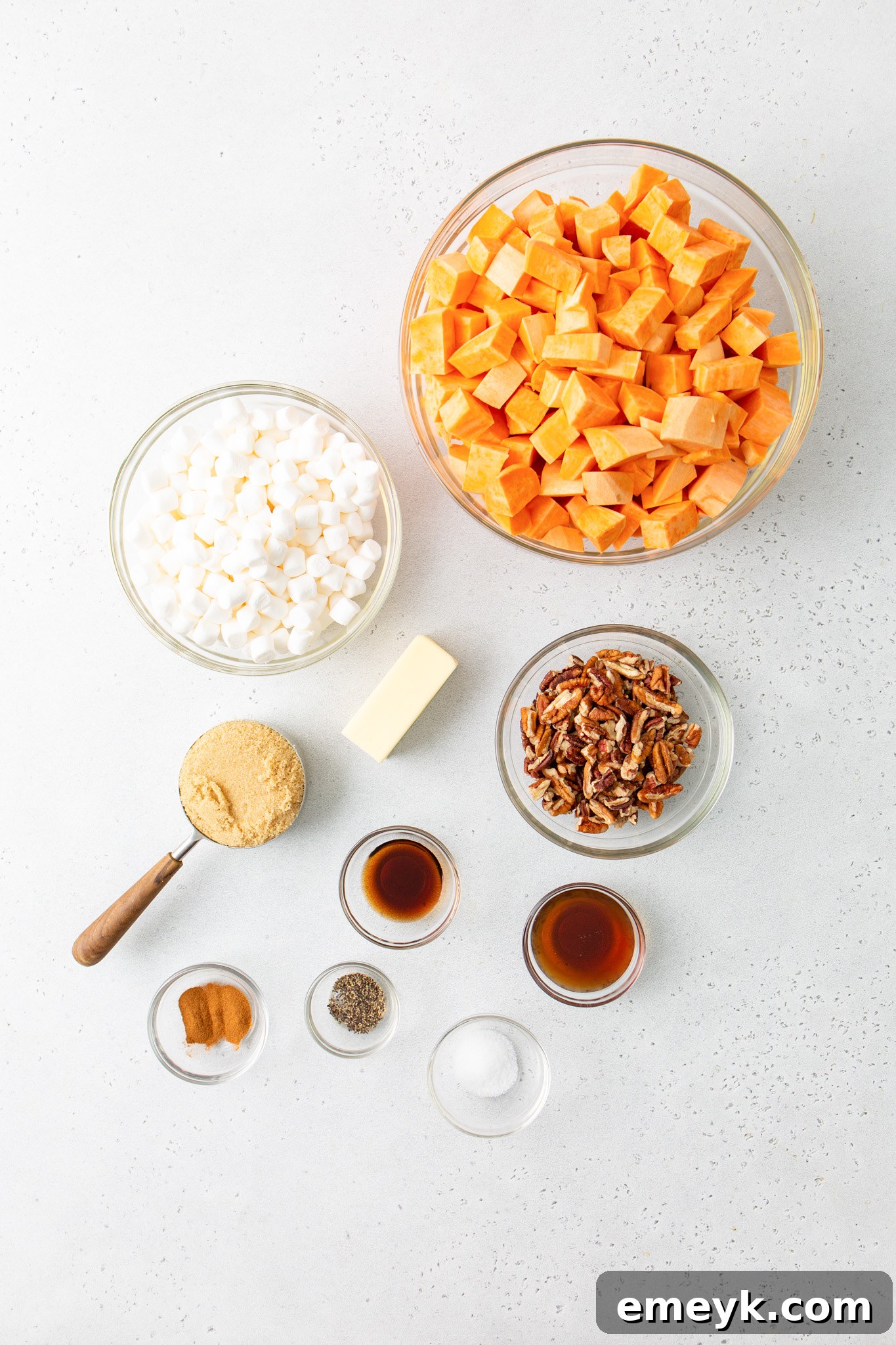 Sweet Potato Casserole with Marshmallows ingredients on a wooden board