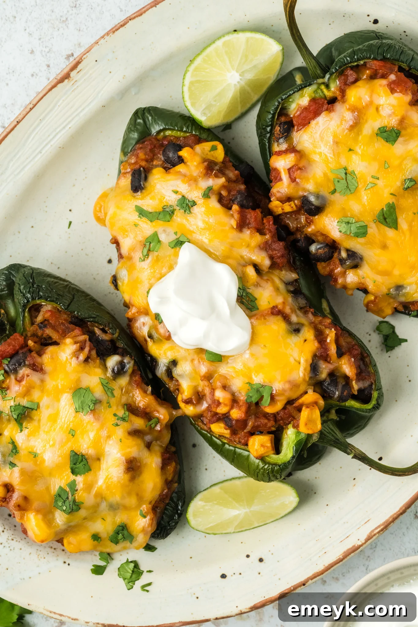 Delicious Stuffed Poblano Peppers Recipe garnished with sour cream and cilantro on a platter, ready to be served.