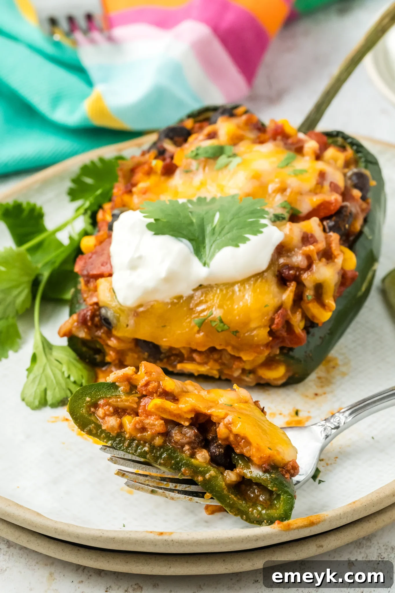 A single Stuffed Poblano Pepper on a plate, cut open to reveal the rich chorizo and rice filling, with a fork ready to scoop a bite.