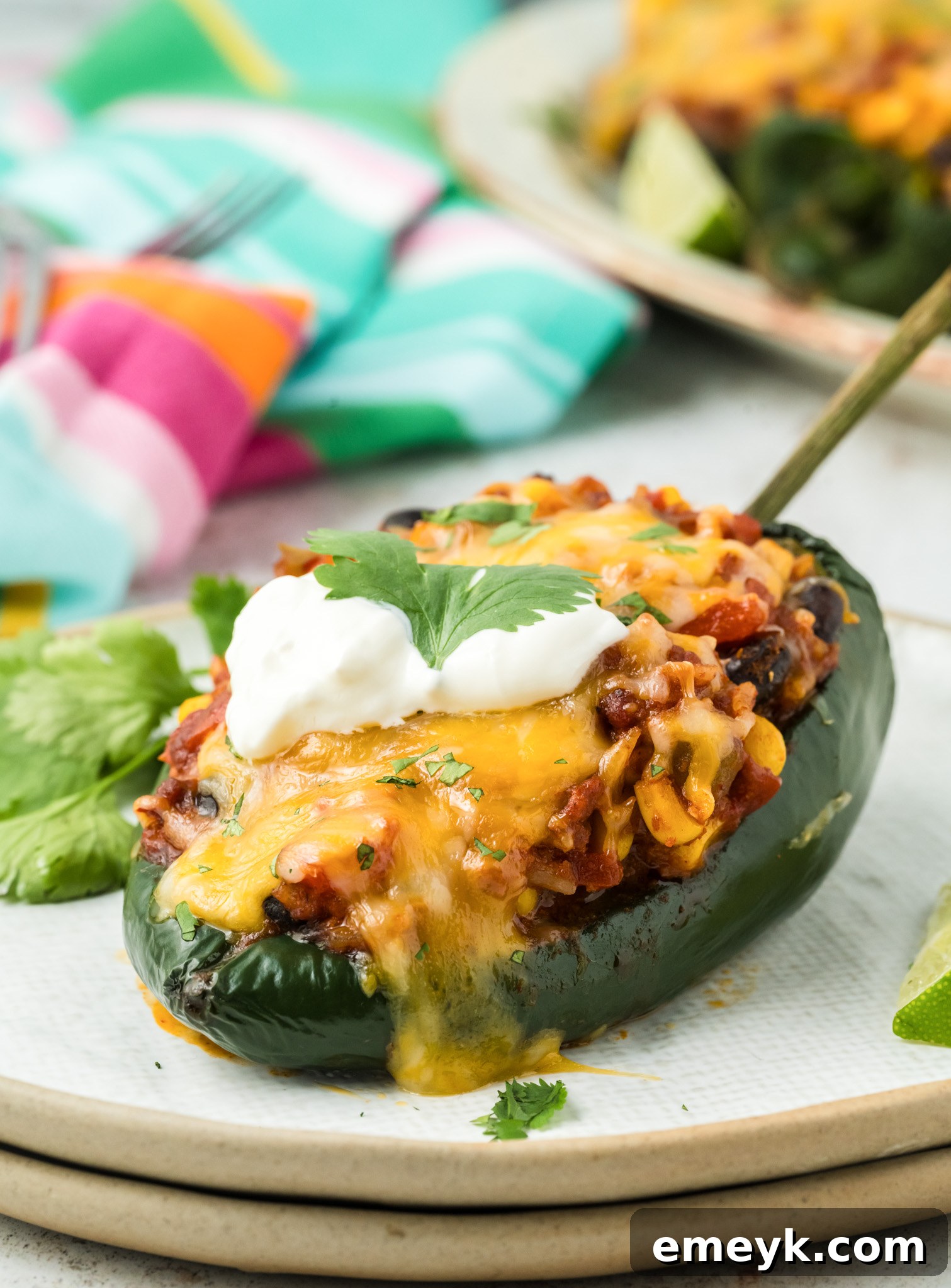 A single Stuffed Poblano Pepper served on a clean white plate, showcasing the golden melted cheese and vibrant filling, garnished with fresh cilantro.