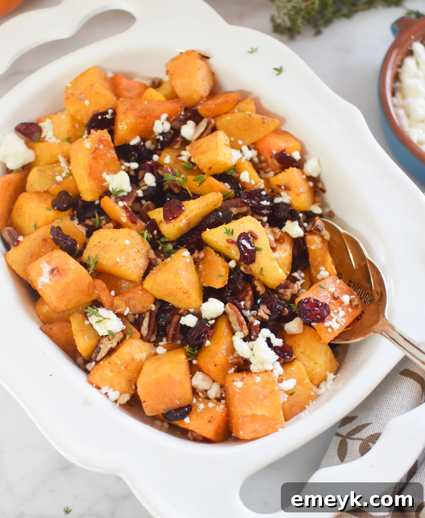 Roasted Butternut Squash with Cranberries in white bowl