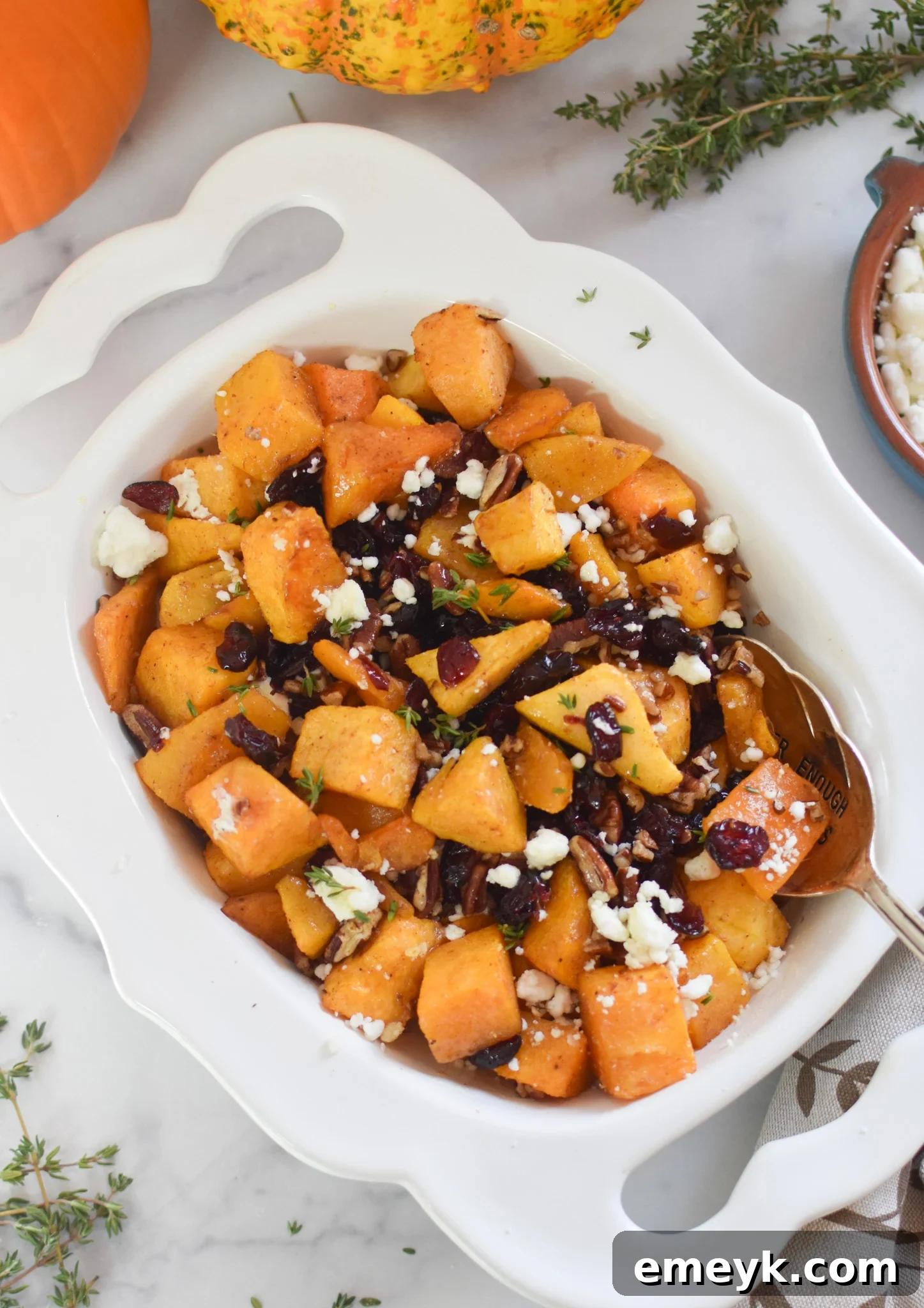 Roasted Butternut Squash with Cranberries in white bowl